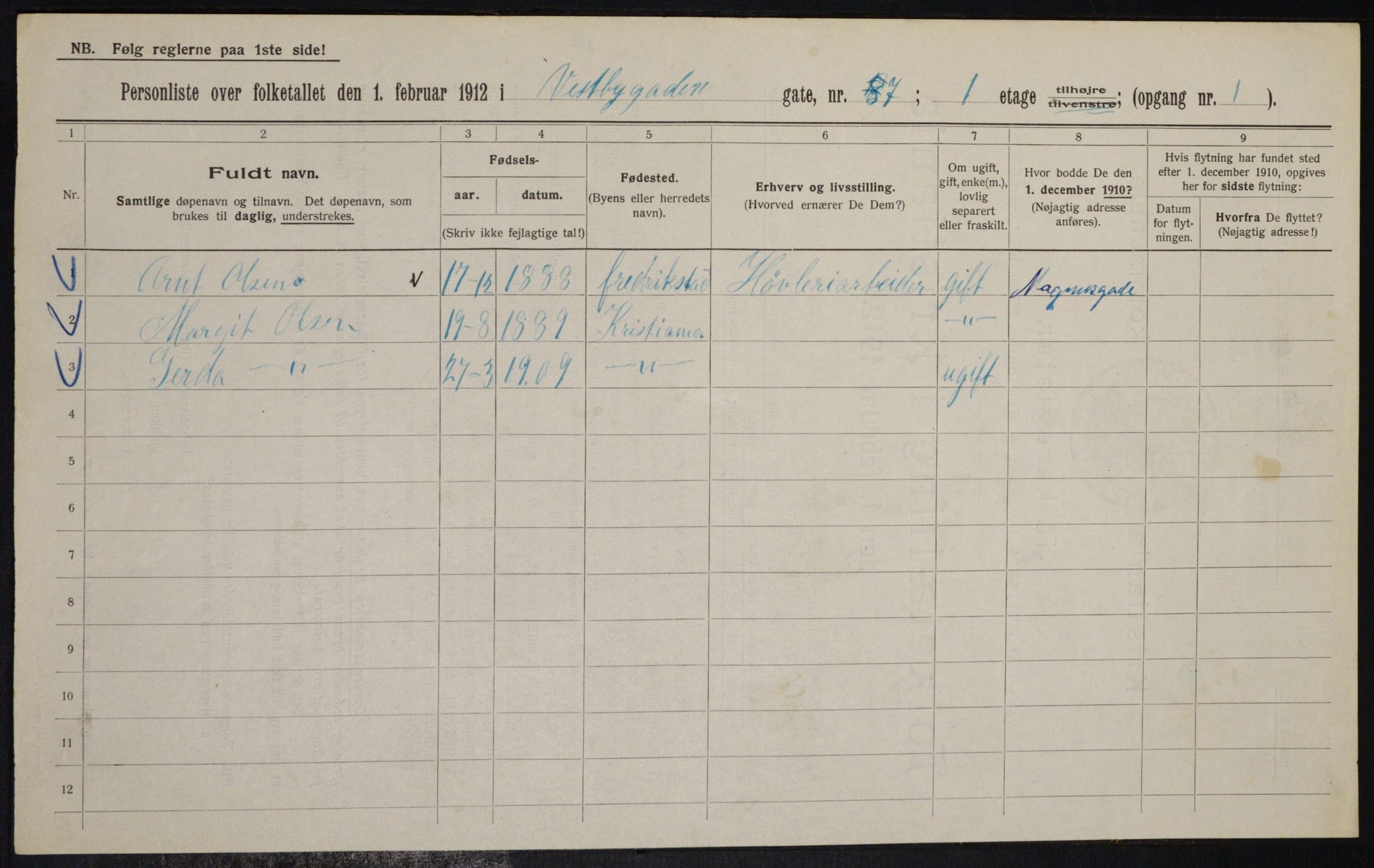 OBA, Municipal Census 1912 for Kristiania, 1912, p. 122308