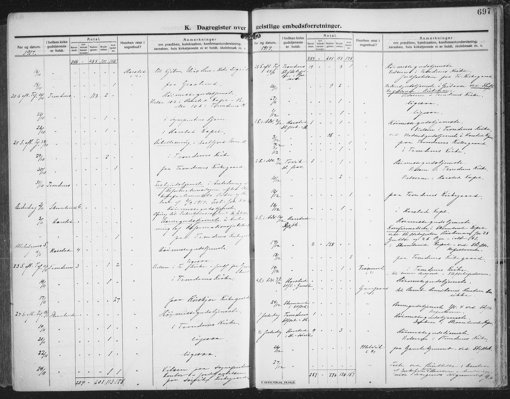 Trondenes sokneprestkontor, AV/SATØ-S-1319/H/Ha/L0018kirke: Parish register (official) no. 18, 1909-1918, p. 697