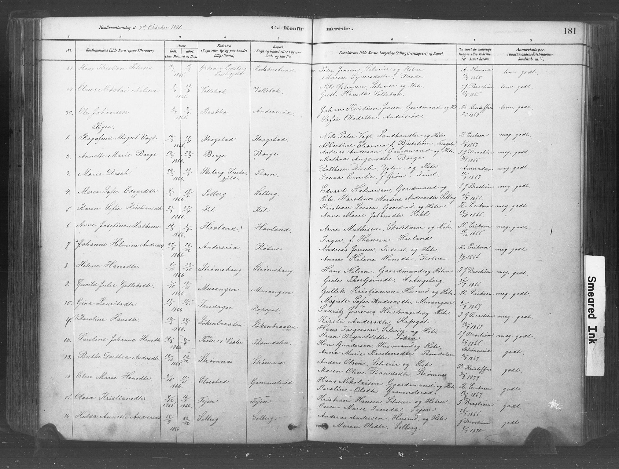 Råde prestekontor kirkebøker, AV/SAO-A-2009/F/Fa/L0007: Parish register (official) no. 7, 1878-1902, p. 181