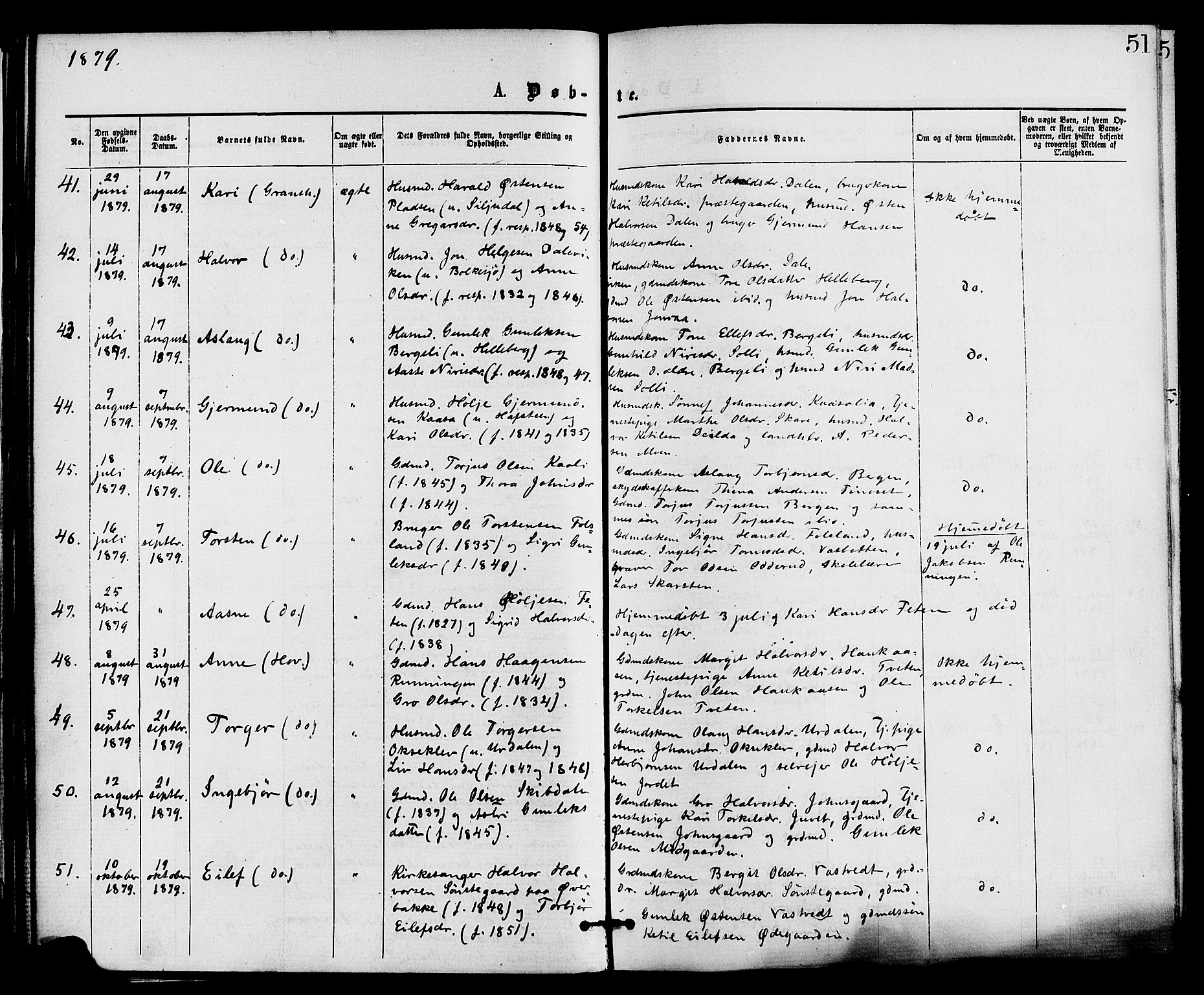 Gransherad kirkebøker, SAKO/A-267/F/Fa/L0004: Parish register (official) no. I 4, 1871-1886, p. 51