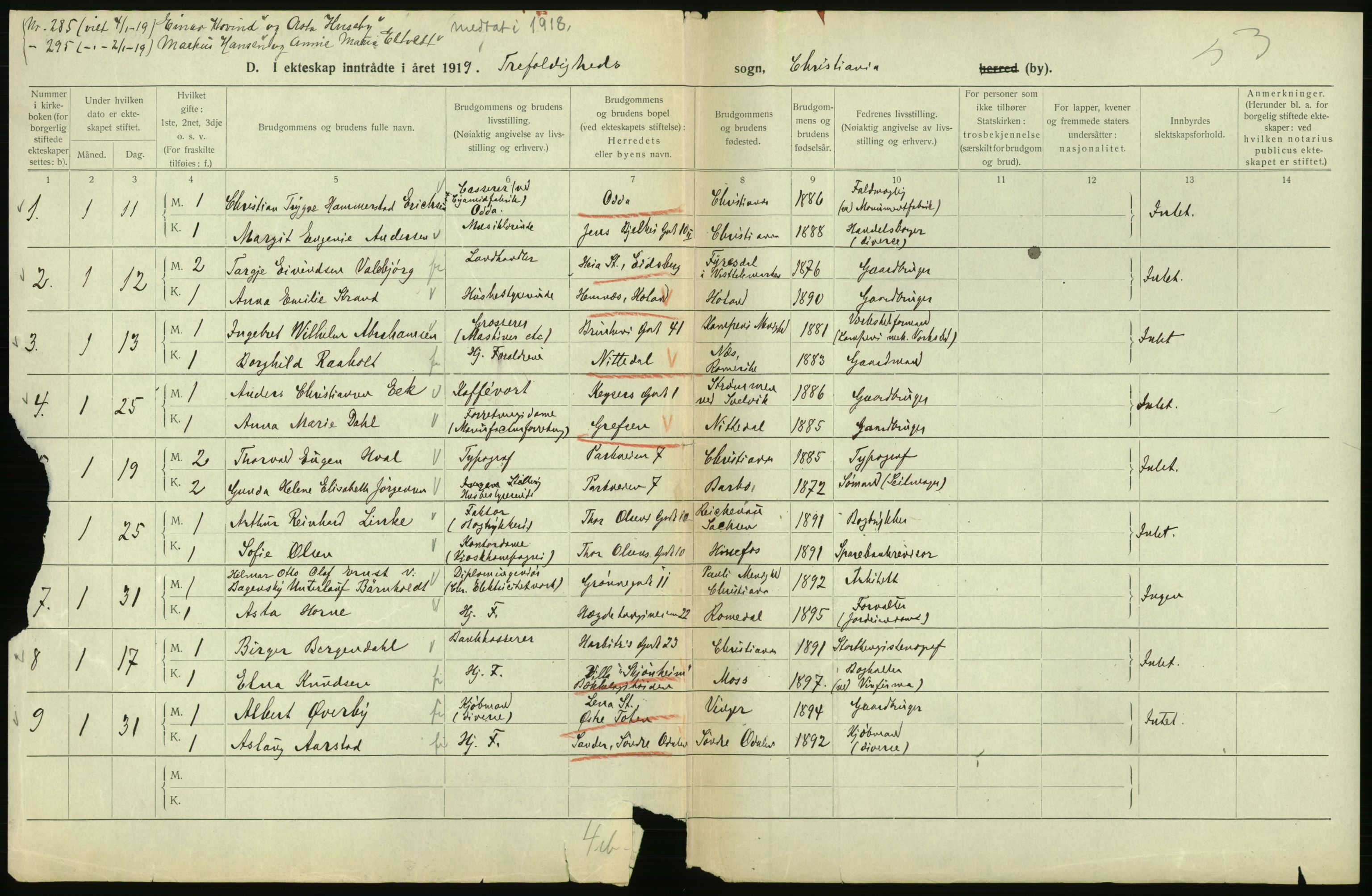 Statistisk sentralbyrå, Sosiodemografiske emner, Befolkning, AV/RA-S-2228/D/Df/Dfb/Dfbi/L0009: Kristiania: Gifte, 1919, p. 62