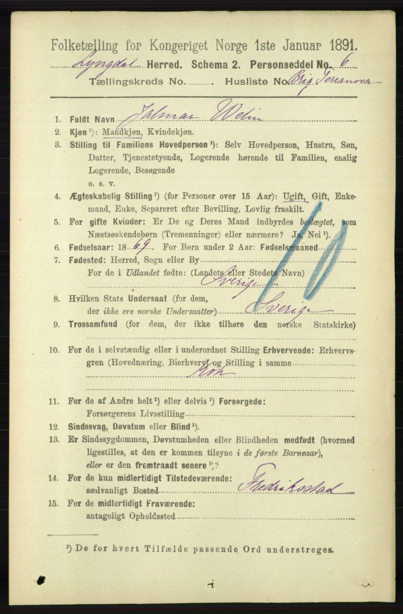 RA, 1891 census for 1032 Lyngdal, 1891, p. 6488