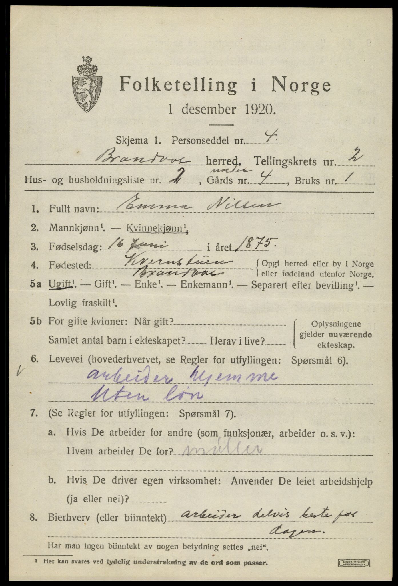 SAH, 1920 census for Brandval, 1920, p. 2138