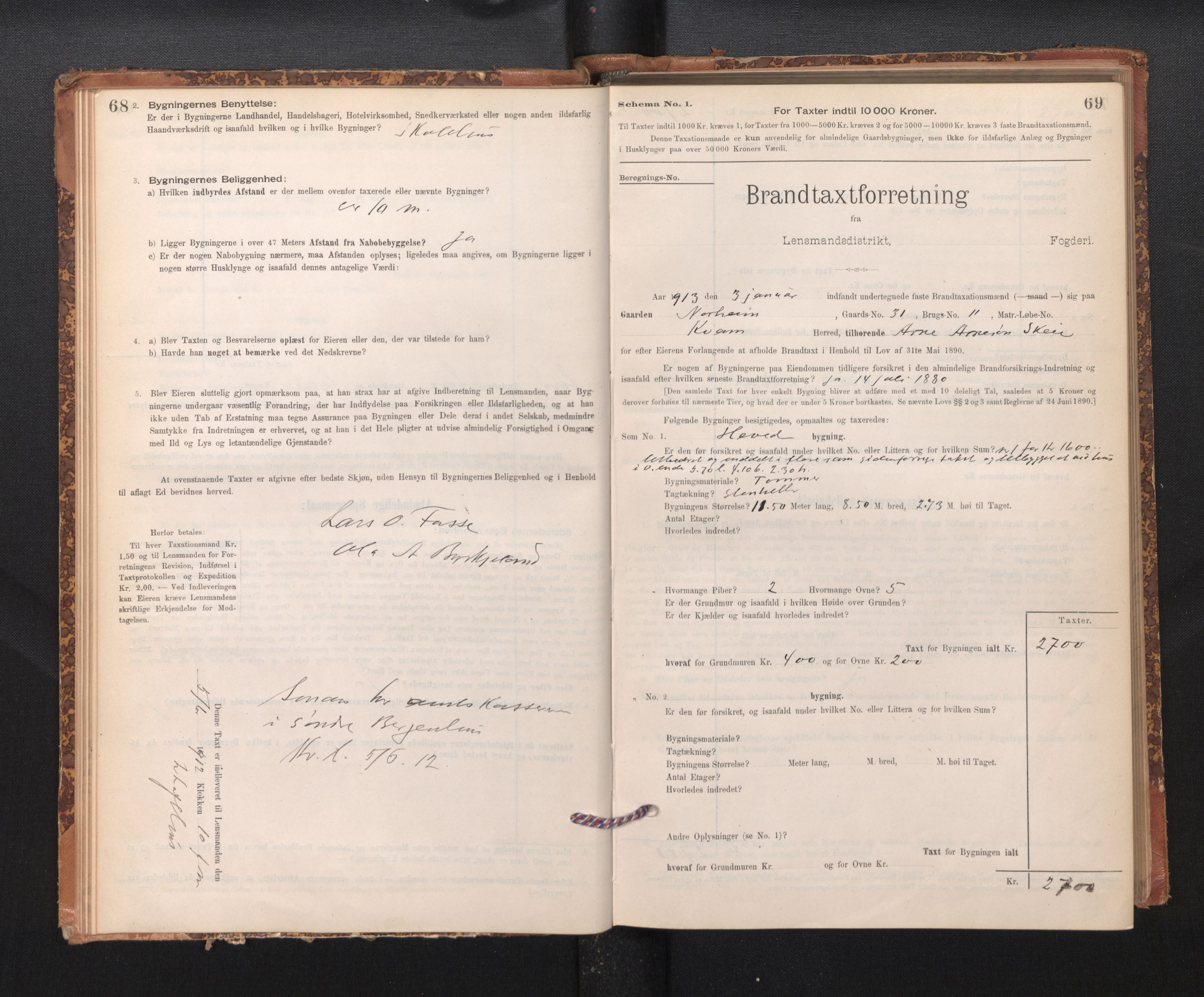 Lensmannen i Kvam, SAB/A-33201/0012/L0005: Branntakstprotokoll, skjematakst, 1894-1913, p. 68-69