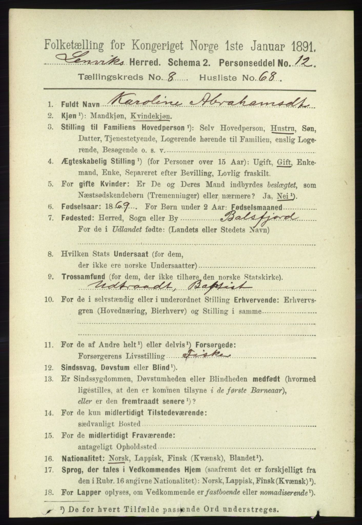 RA, 1891 census for 1931 Lenvik, 1891, p. 4855