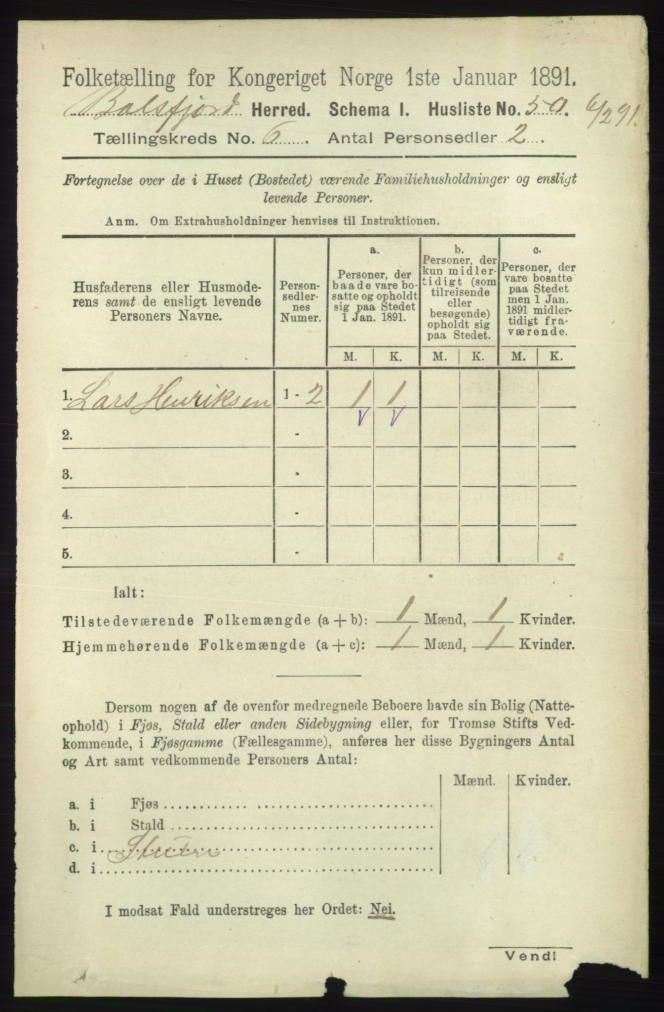 RA, 1891 census for 1933 Balsfjord, 1891, p. 1591