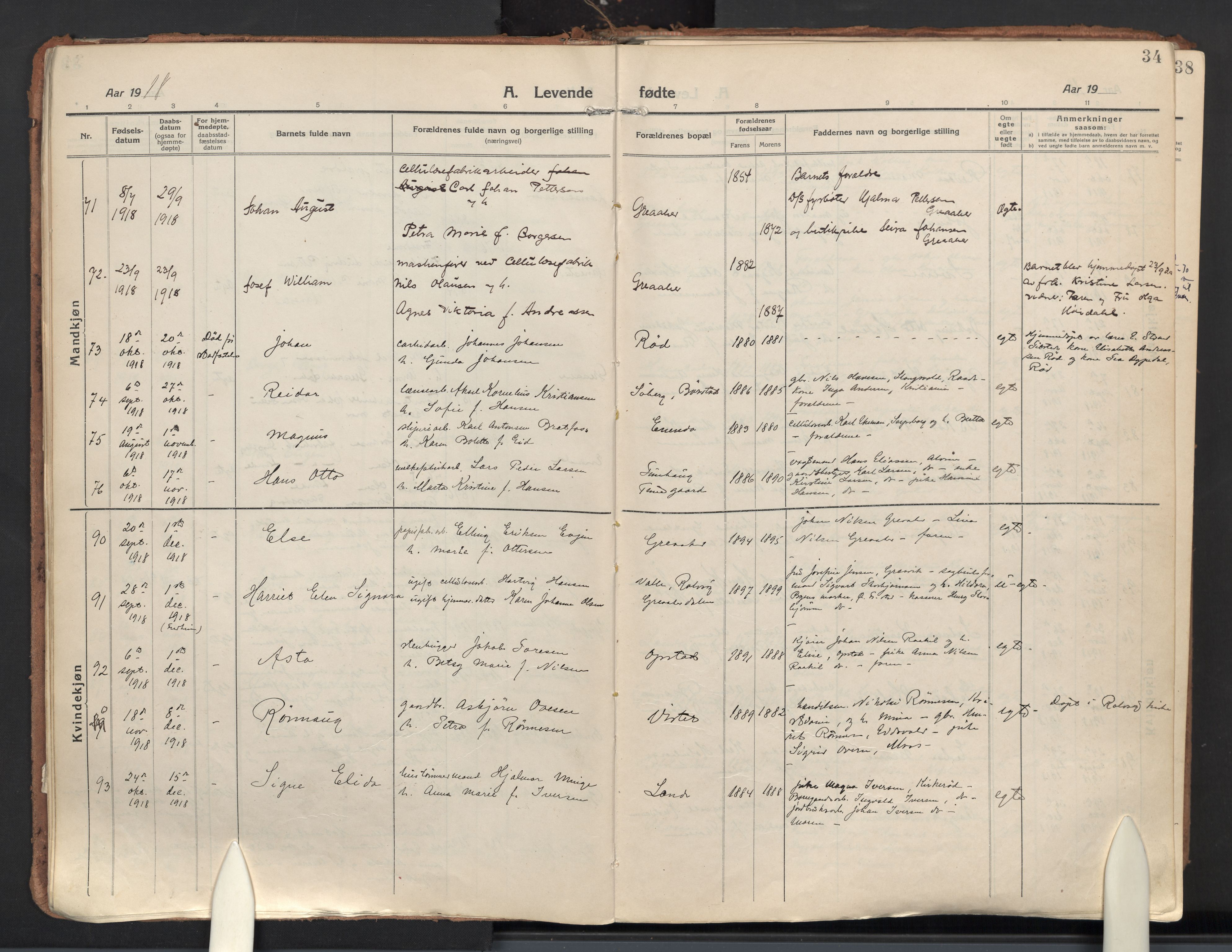 Tune prestekontor Kirkebøker, AV/SAO-A-2007/F/Fa/L0022: Parish register (official) no. 22, 1917-1925, p. 34