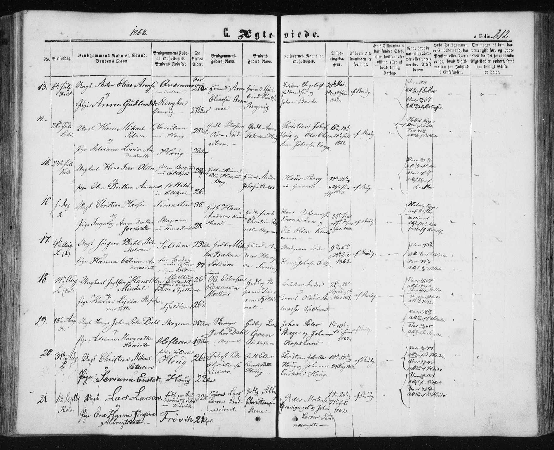 Ministerialprotokoller, klokkerbøker og fødselsregistre - Nord-Trøndelag, AV/SAT-A-1458/780/L0641: Parish register (official) no. 780A06, 1857-1874, p. 212