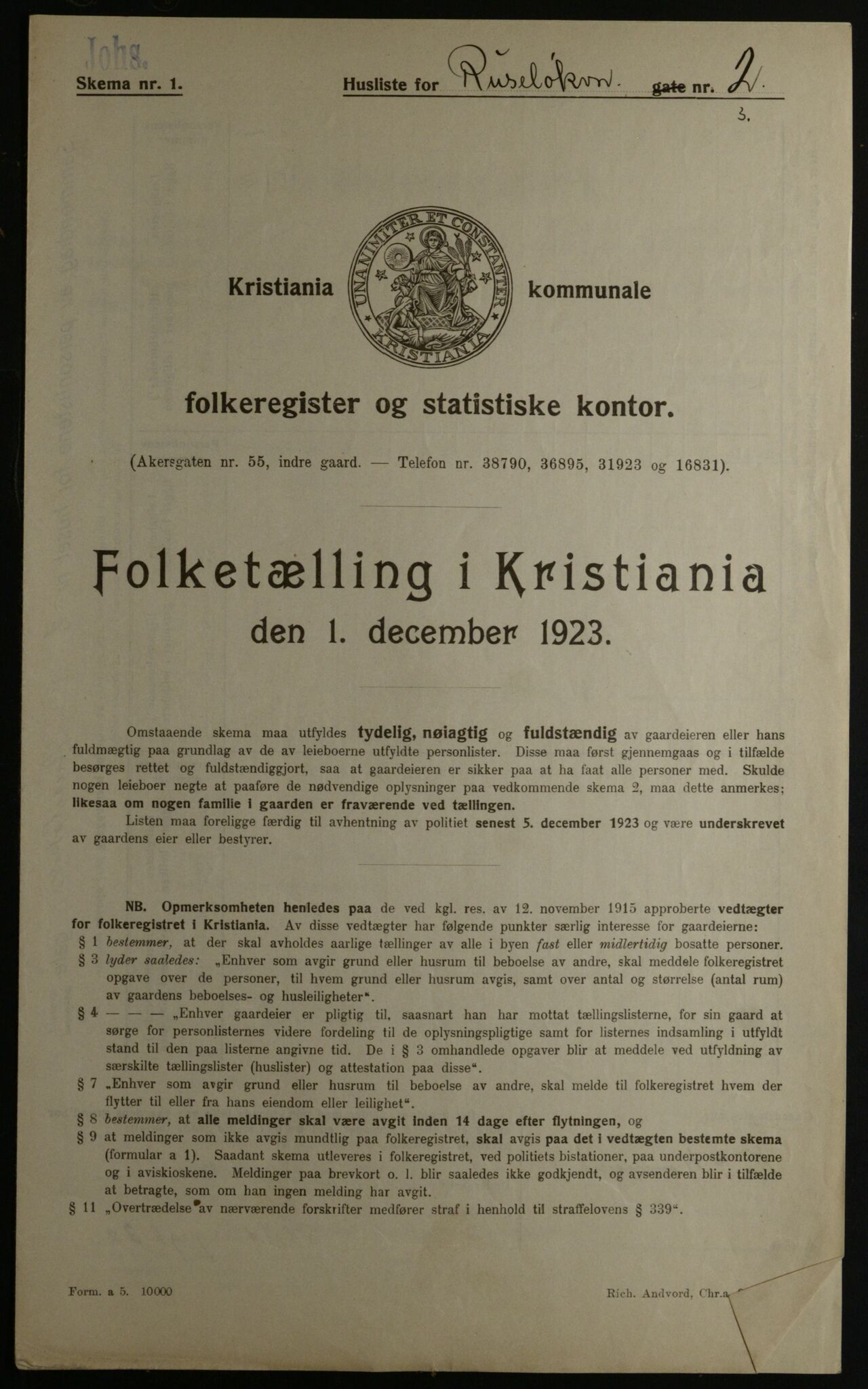 OBA, Municipal Census 1923 for Kristiania, 1923, p. 93485