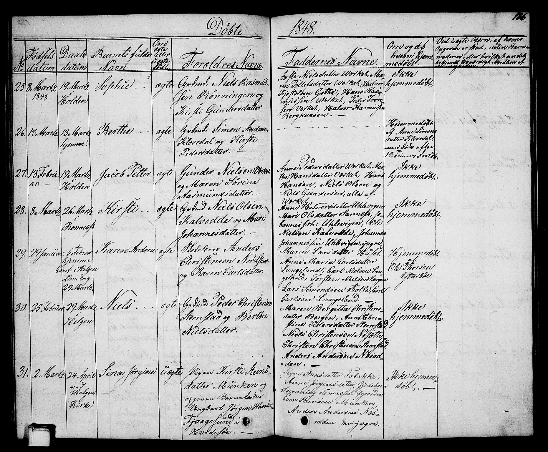 Holla kirkebøker, AV/SAKO-A-272/G/Ga/L0002: Parish register (copy) no. I 2, 1830-1848, p. 186