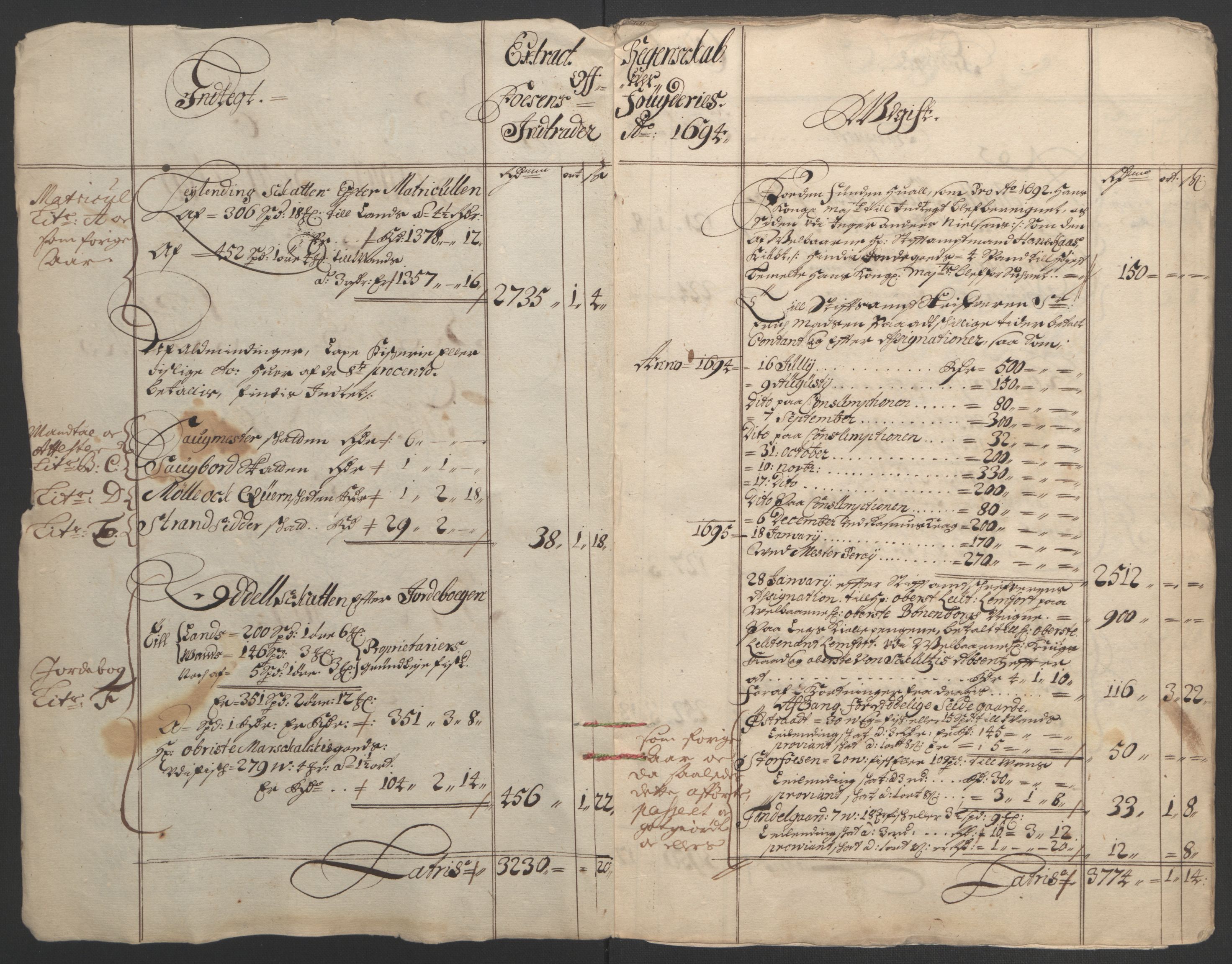 Rentekammeret inntil 1814, Reviderte regnskaper, Fogderegnskap, AV/RA-EA-4092/R57/L3850: Fogderegnskap Fosen, 1694, p. 4