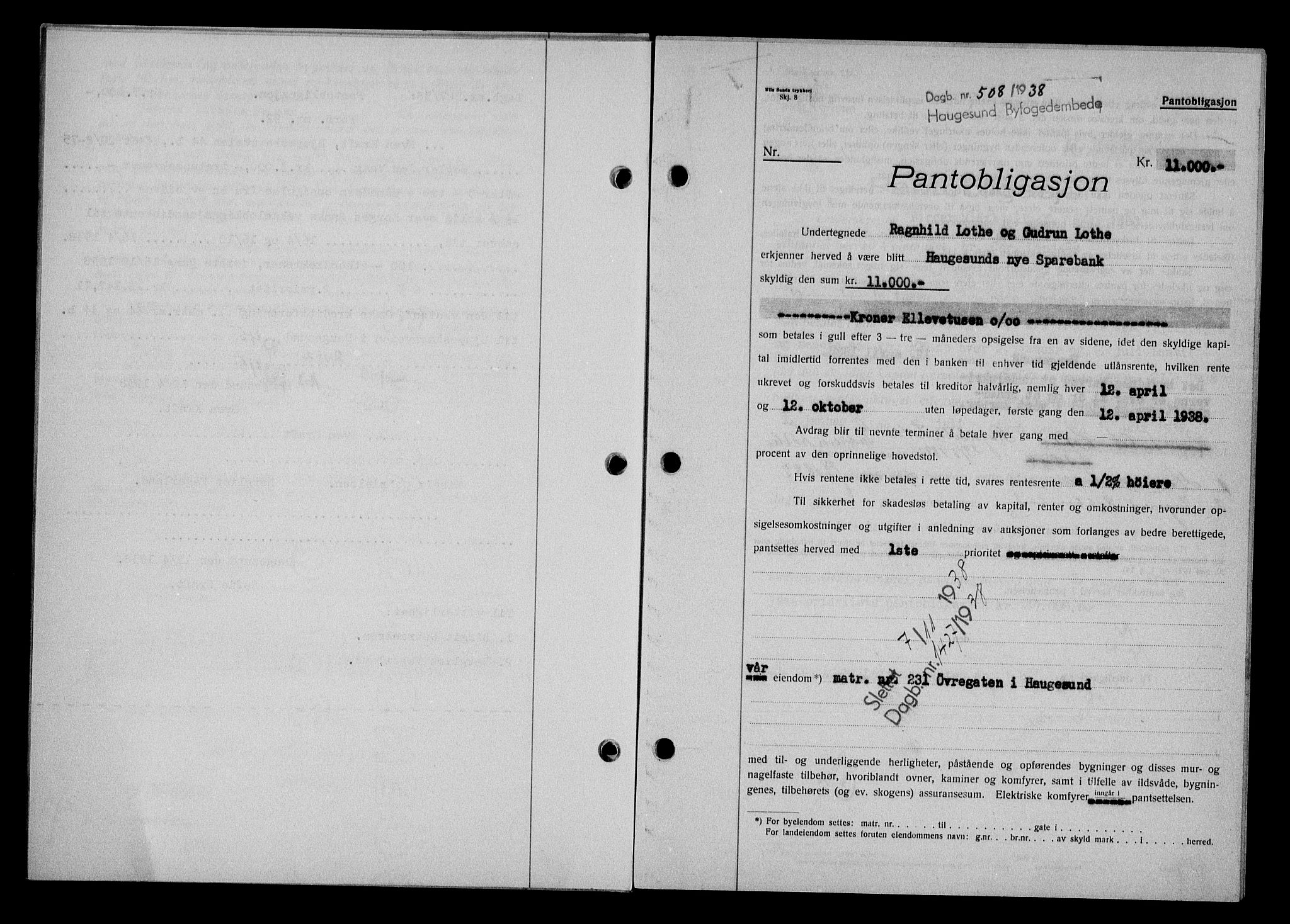 Haugesund tingrett, AV/SAST-A-101415/01/II/IIC/L0031: Mortgage book no. 31, 1936-1938, Diary no: : 508/1938