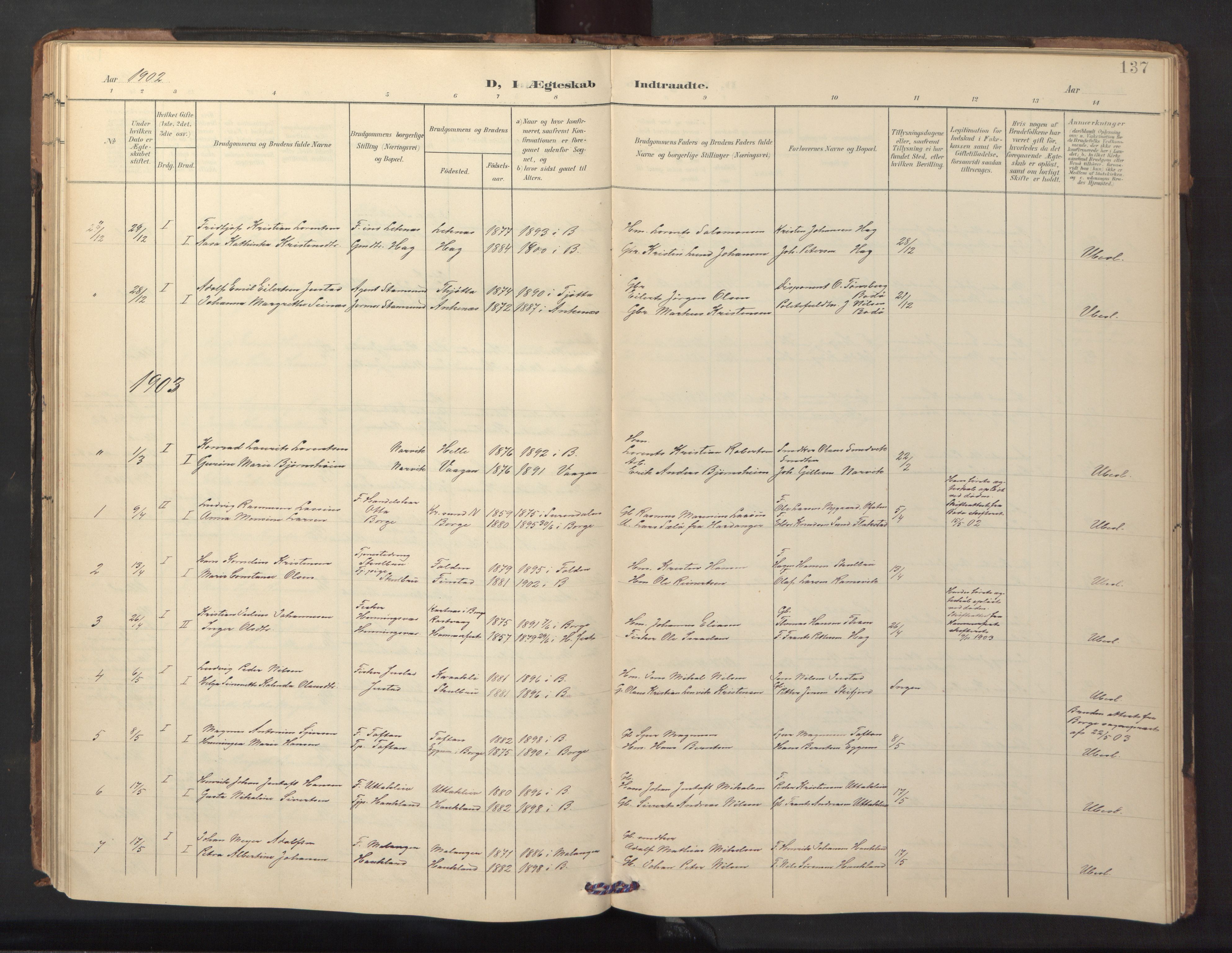 Ministerialprotokoller, klokkerbøker og fødselsregistre - Nordland, AV/SAT-A-1459/882/L1185: Parish register (copy) no. 882C03, 1898-1910, p. 137