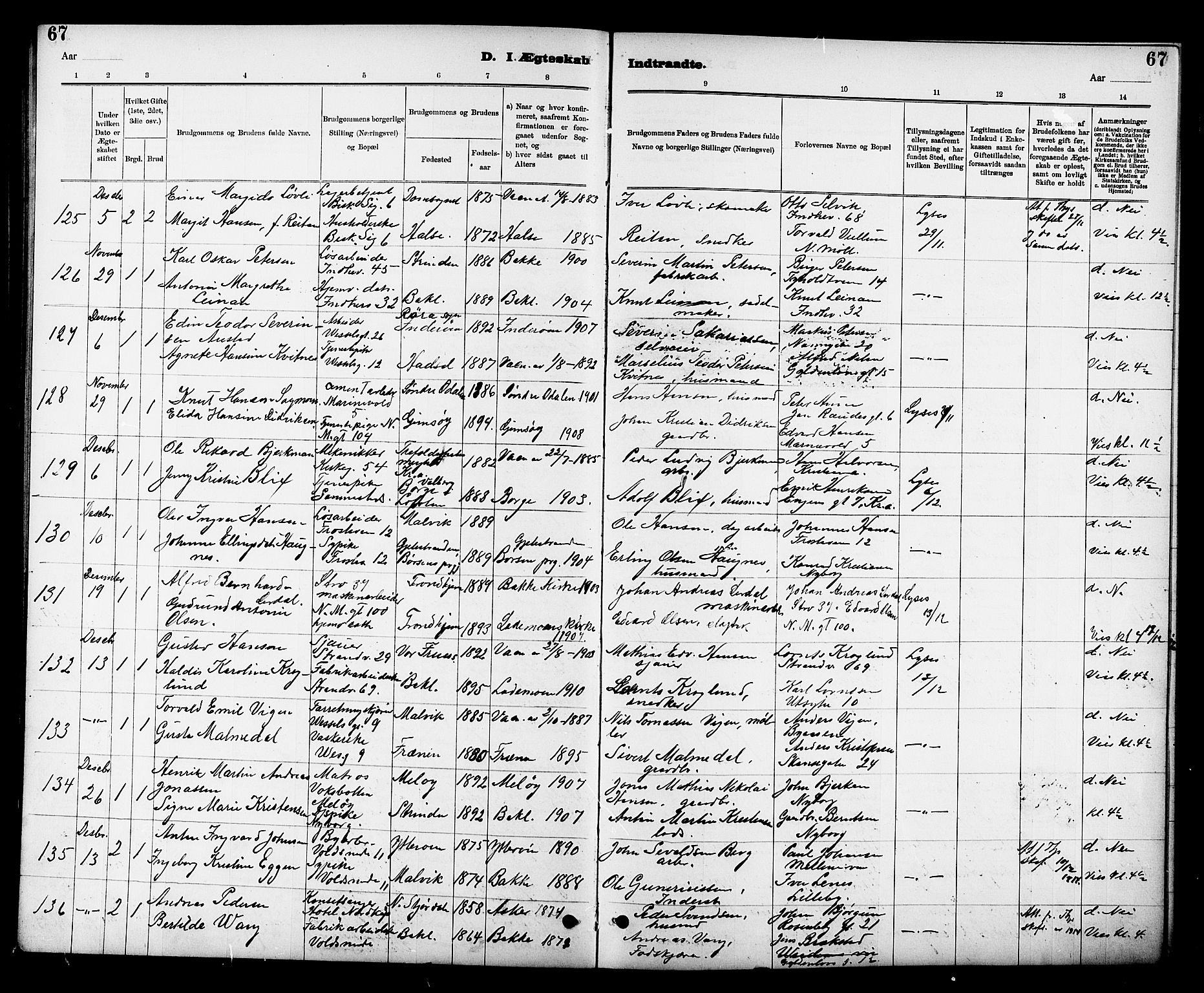 Ministerialprotokoller, klokkerbøker og fødselsregistre - Sør-Trøndelag, SAT/A-1456/605/L0255: Parish register (copy) no. 605C02, 1908-1918, p. 67