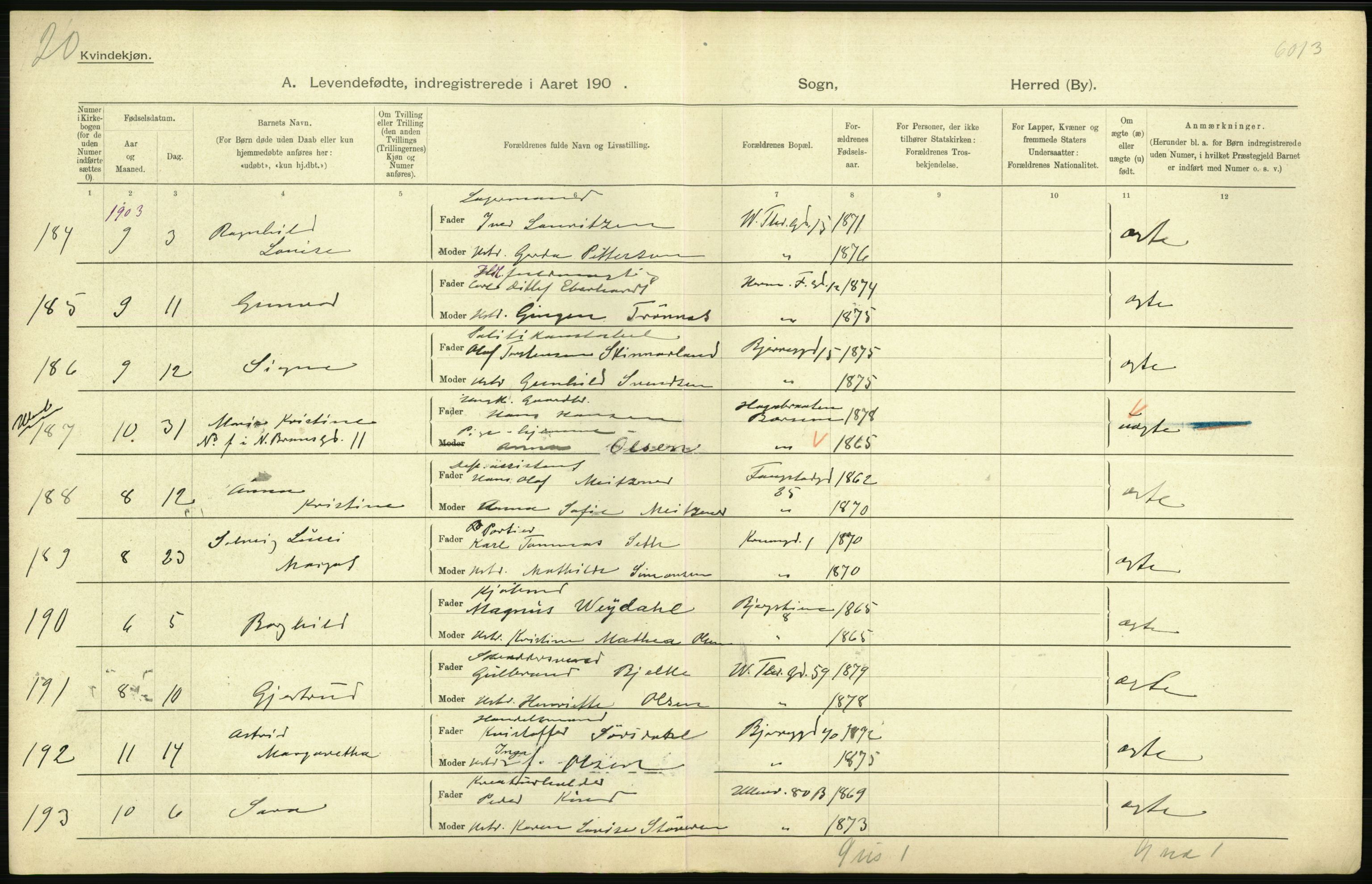 Statistisk sentralbyrå, Sosiodemografiske emner, Befolkning, AV/RA-S-2228/D/Df/Dfa/Dfaa/L0003: Kristiania: Fødte, 1903, p. 430