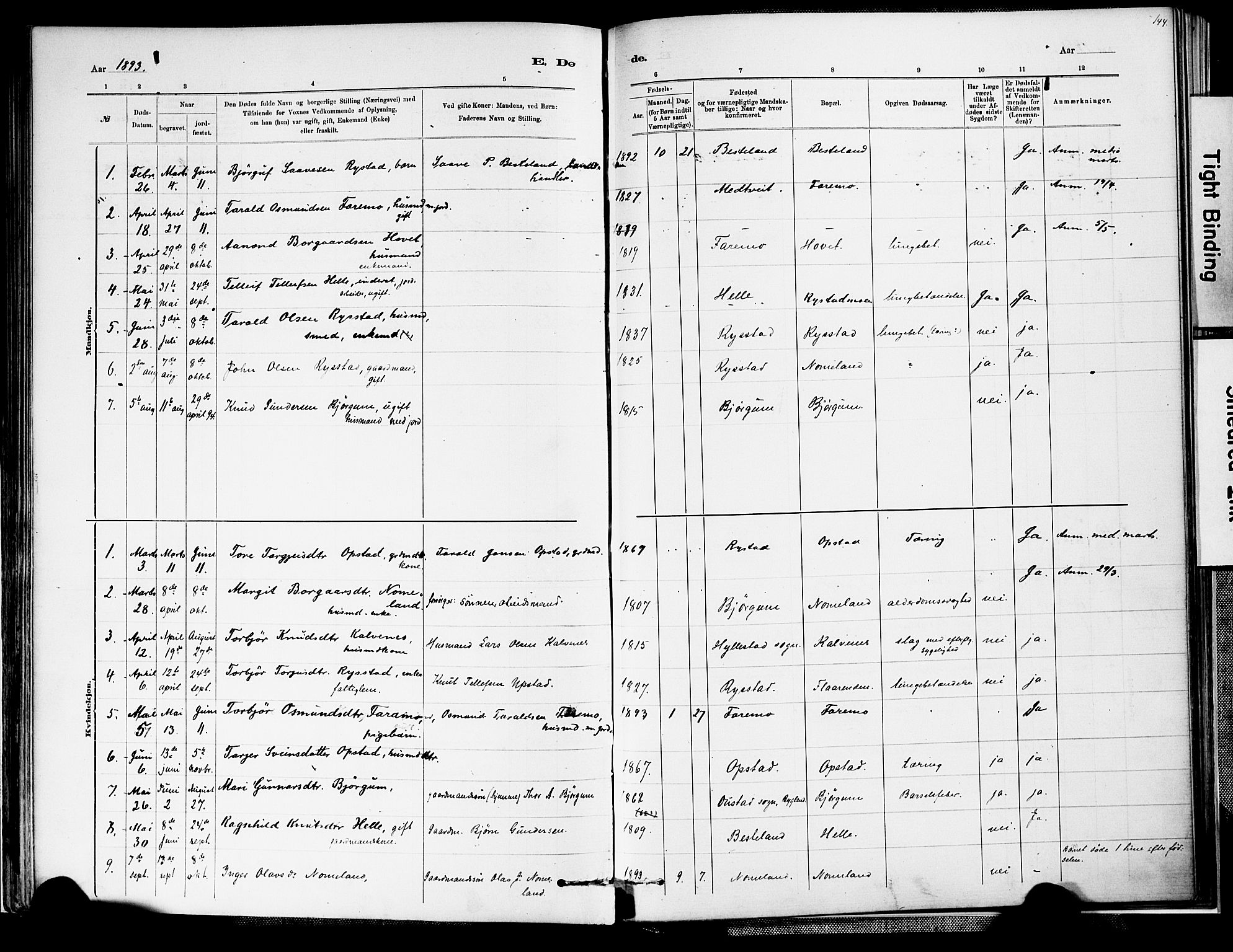 Valle sokneprestkontor, SAK/1111-0044/F/Fa/Fab/L0001: Parish register (official) no. A 1, 1882-1910, p. 144