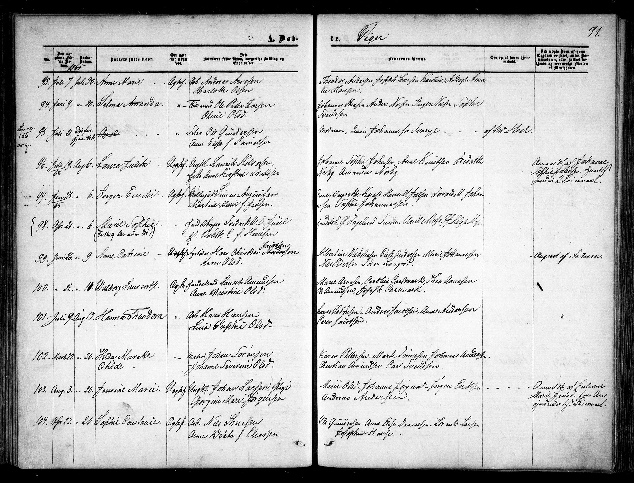 Halden prestekontor Kirkebøker, SAO/A-10909/F/Fa/L0007: Parish register (official) no. I 7, 1857-1865, p. 91