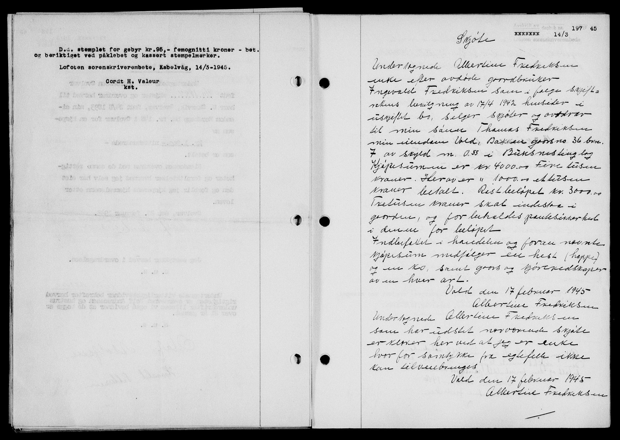 Lofoten sorenskriveri, SAT/A-0017/1/2/2C/L0013a: Mortgage book no. 13a, 1944-1946, Diary no: : 197/1945