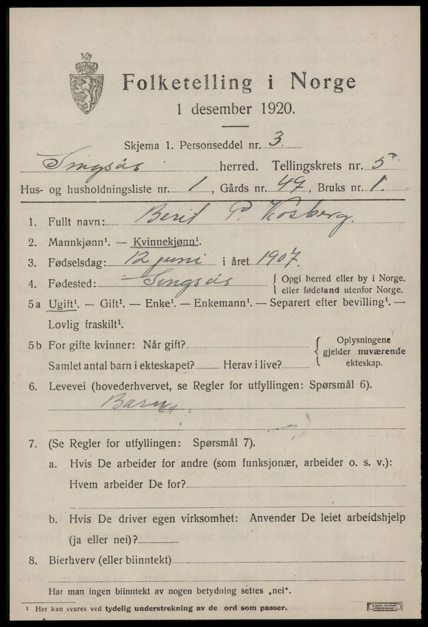 SAT, 1920 census for Singsås, 1920, p. 3021