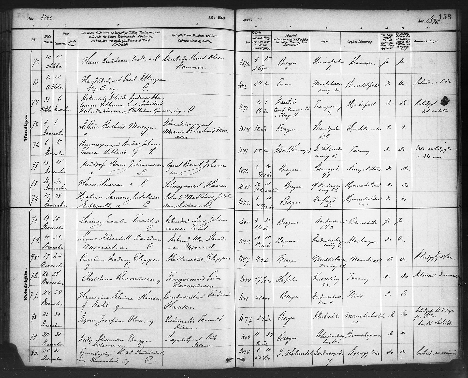 Nykirken Sokneprestembete, AV/SAB-A-77101/H/Haa/L0044: Parish register (official) no. E 4, 1882-1898, p. 158