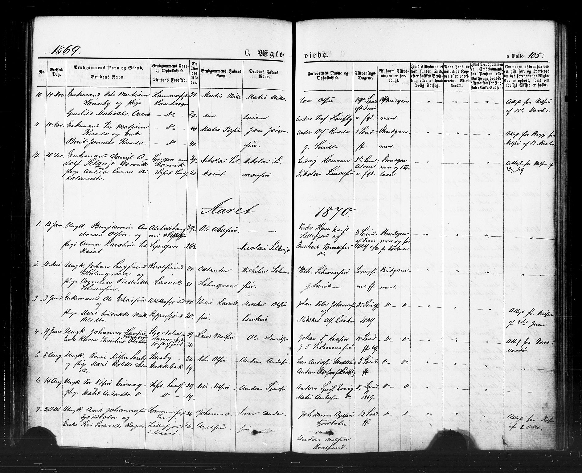 Hammerfest sokneprestkontor, AV/SATØ-S-1347/H/Ha/L0007.kirke: Parish register (official) no. 7, 1869-1884, p. 105