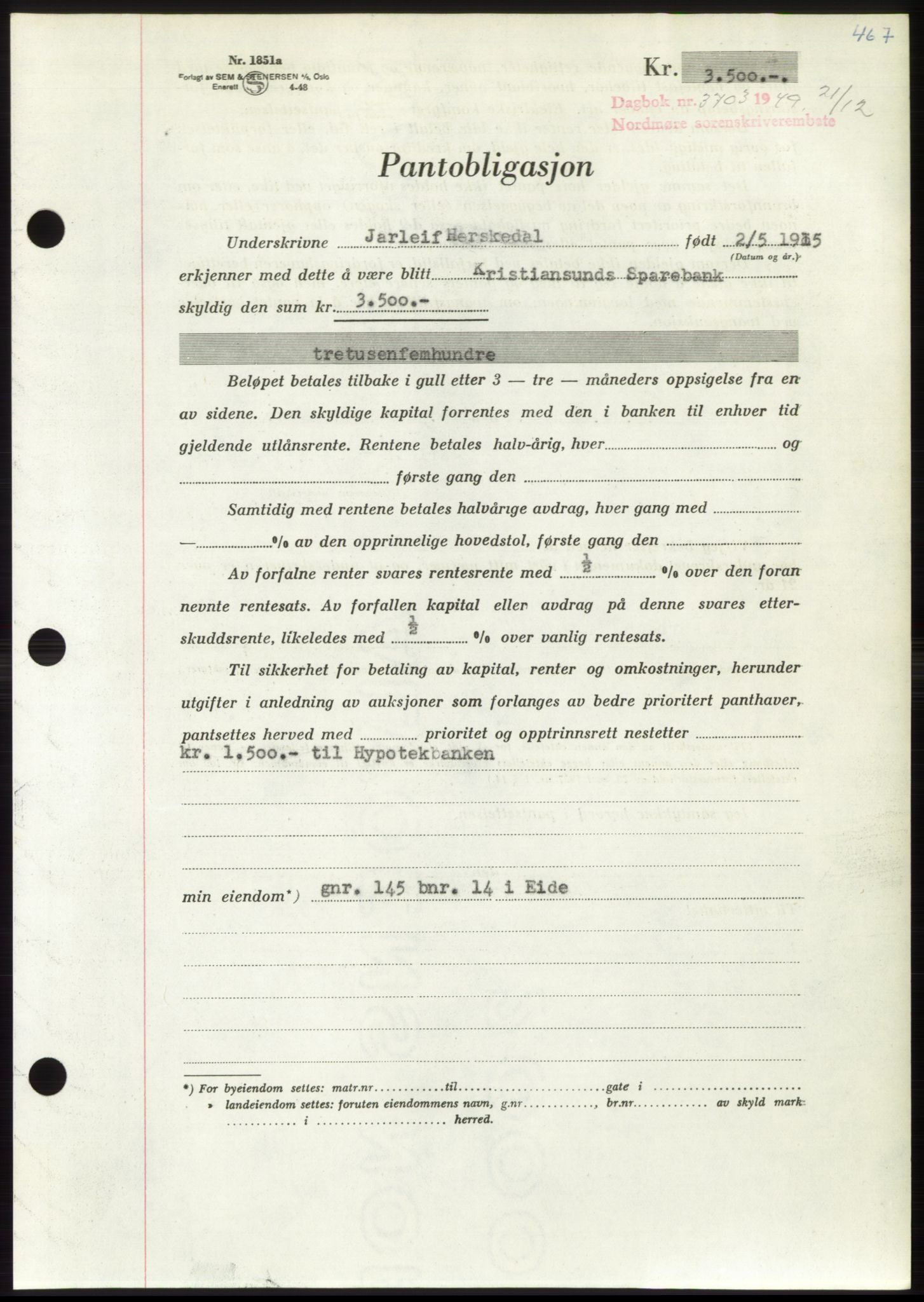 Nordmøre sorenskriveri, AV/SAT-A-4132/1/2/2Ca: Mortgage book no. B103, 1949-1950, Diary no: : 3703/1949