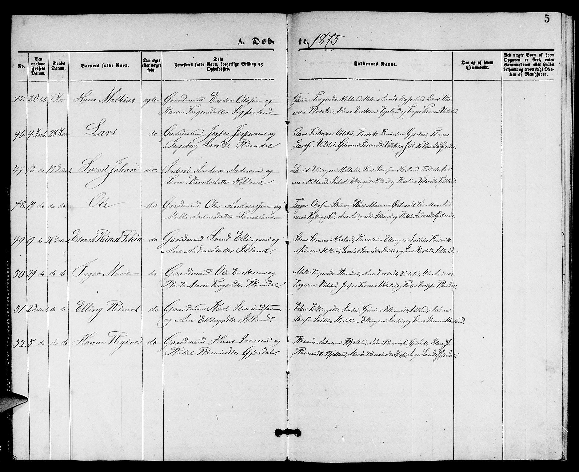 Lye sokneprestkontor, AV/SAST-A-101794/001/30BB/L0005: Parish register (copy) no. B 5, 1875-1886, p. 5