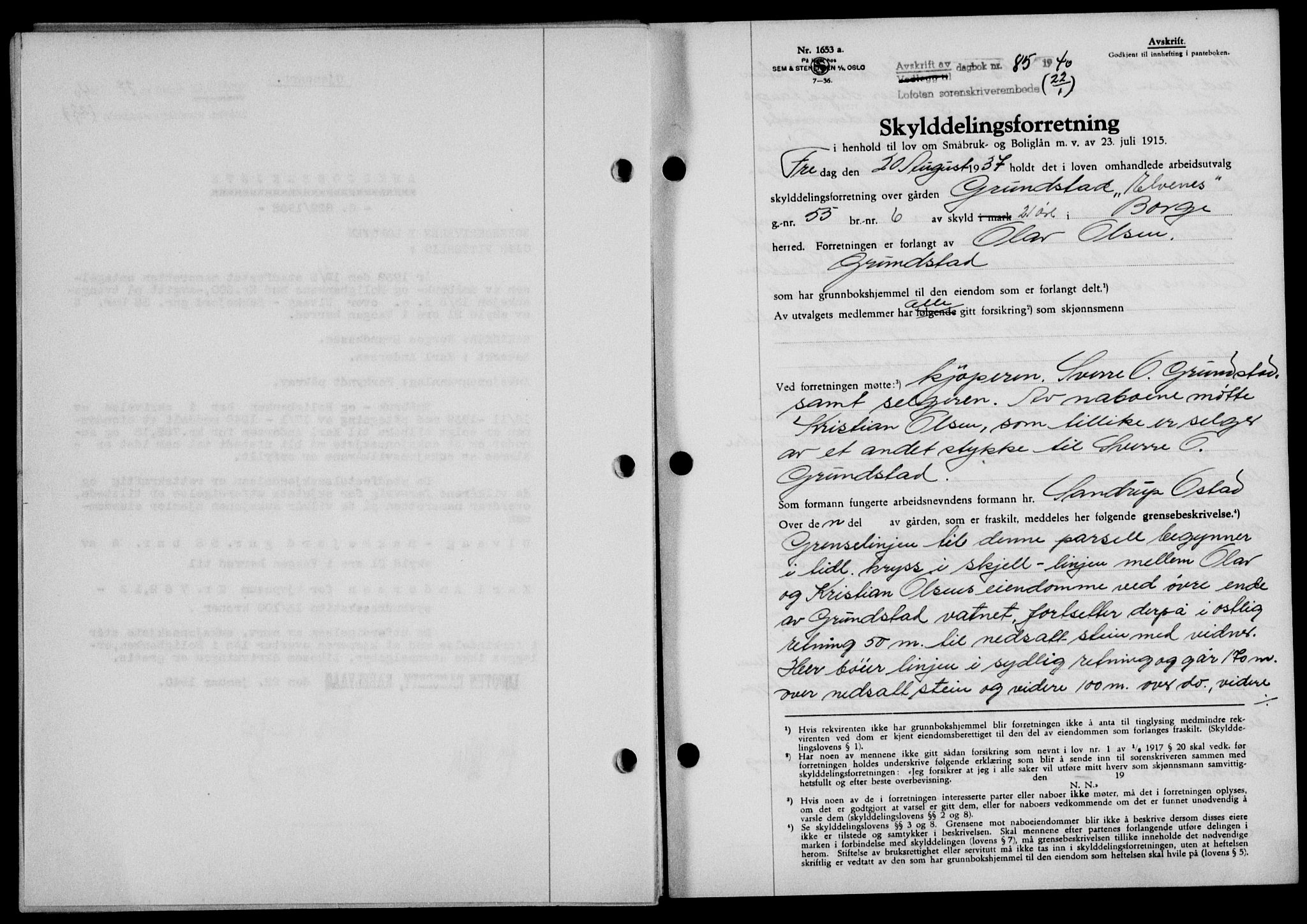 Lofoten sorenskriveri, SAT/A-0017/1/2/2C/L0007a: Mortgage book no. 7a, 1939-1940, Diary no: : 85/1940