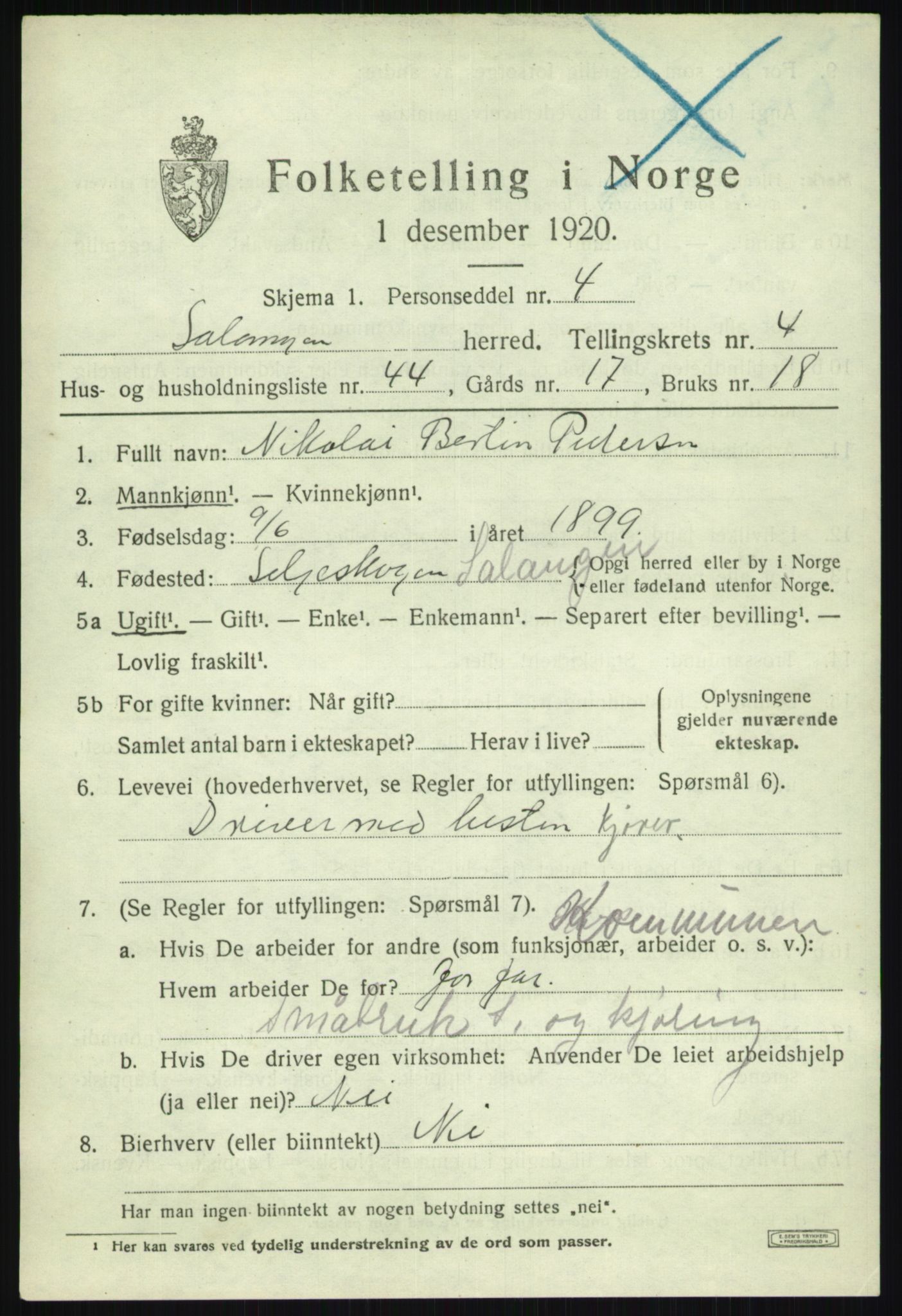 SATØ, 1920 census for Salangen, 1920, p. 2798