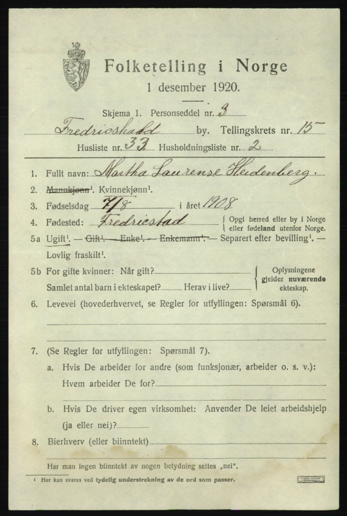 SAO, 1920 census for Fredrikshald, 1920, p. 23986