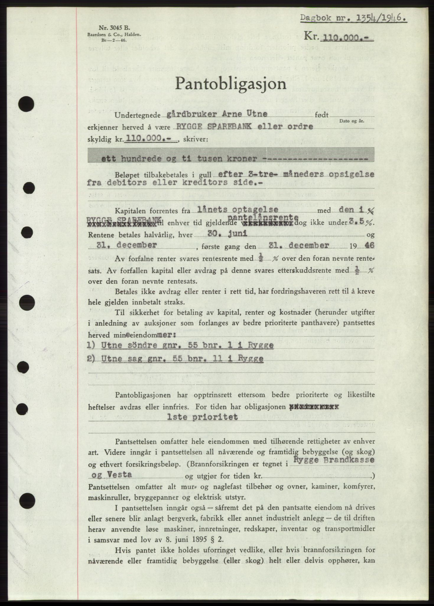 Moss sorenskriveri, AV/SAO-A-10168: Mortgage book no. B15, 1946-1946, Diary no: : 1354/1946