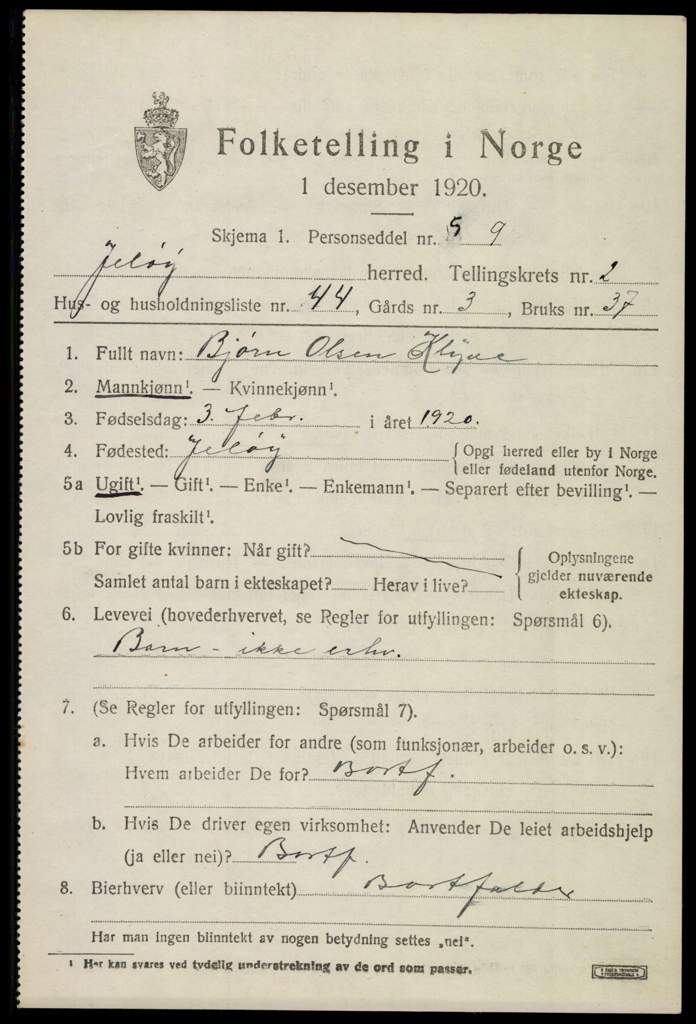 SAO, 1920 census for Moss land district, 1920, p. 2697