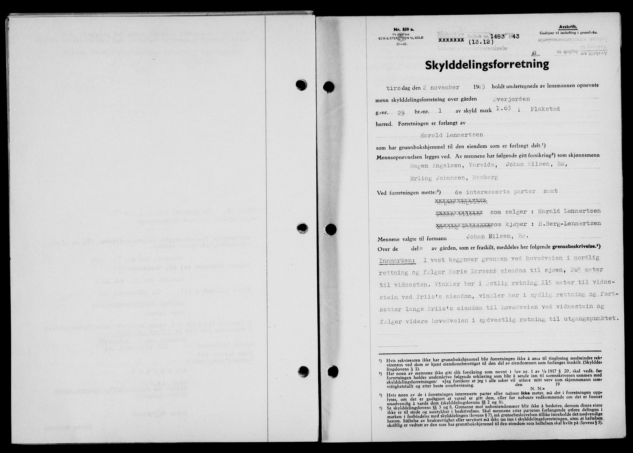Lofoten sorenskriveri, SAT/A-0017/1/2/2C/L0012a: Mortgage book no. 12a, 1943-1944, Diary no: : 1483/1943