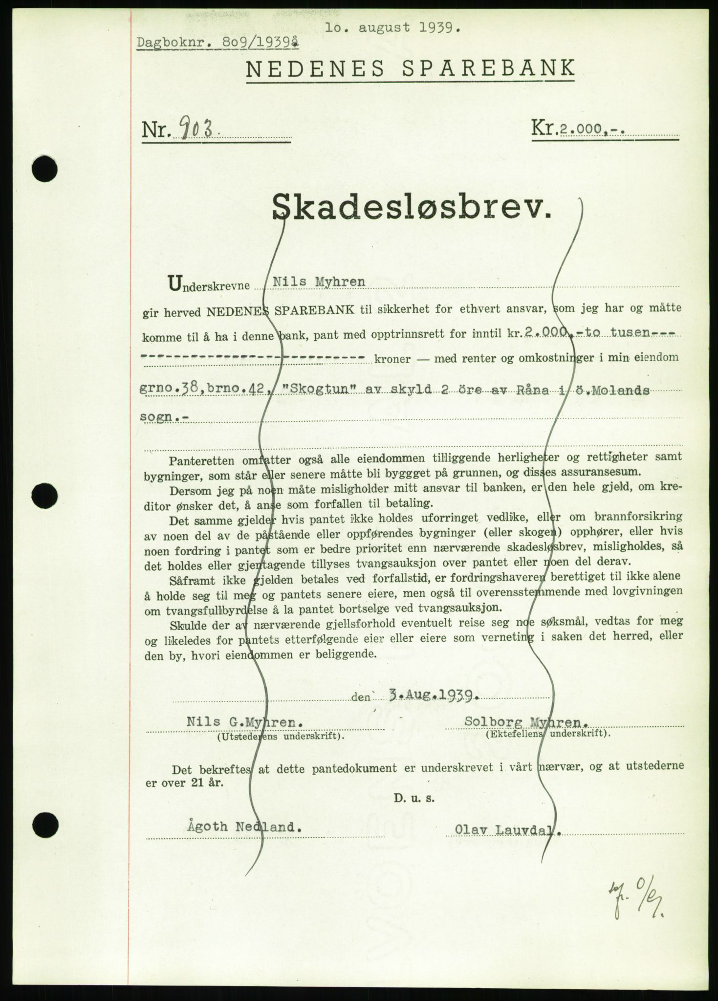 Nedenes sorenskriveri, AV/SAK-1221-0006/G/Gb/Gbb/L0001: Mortgage book no. I, 1939-1942, Diary no: : 809/1939