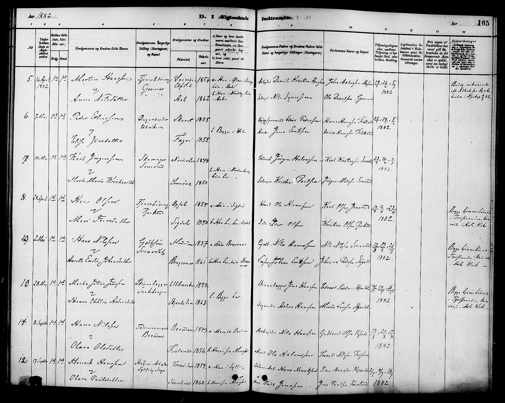 Hole kirkebøker, SAKO/A-228/F/Fa/L0008: Parish register (official) no. I 8, 1878-1891, p. 165