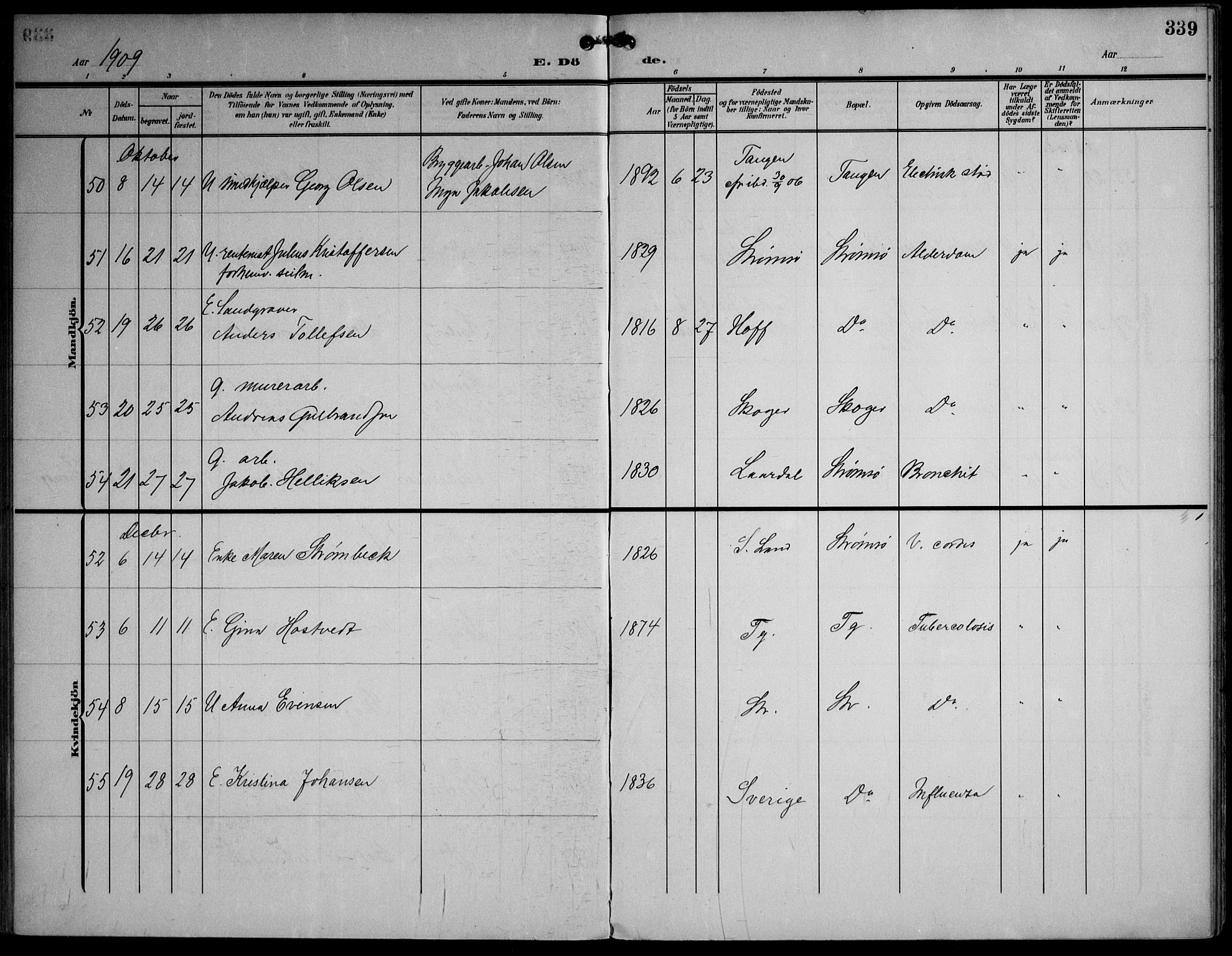 Strømsø kirkebøker, AV/SAKO-A-246/F/Fa/L0026: Parish register (official) no. I 26, 1905-1914, p. 339