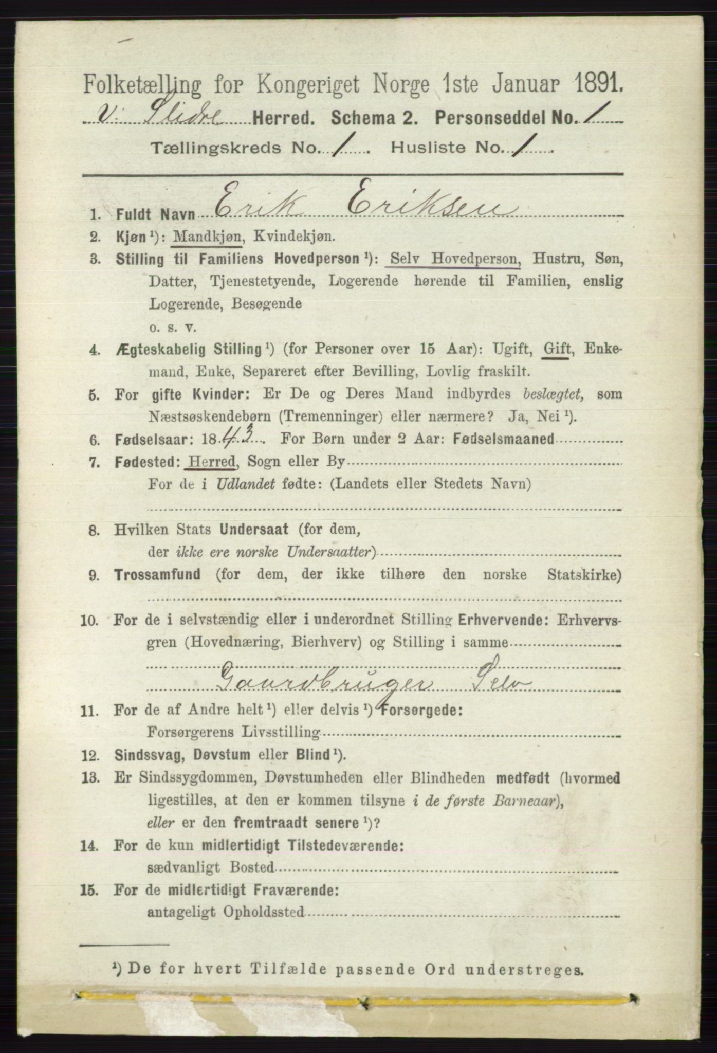 RA, 1891 census for 0543 Vestre Slidre, 1891, p. 99