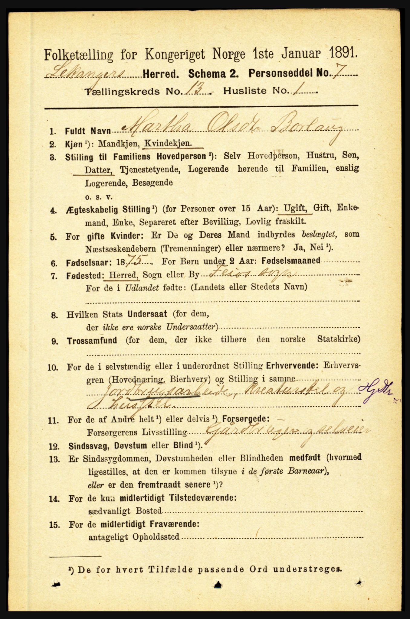 RA, 1891 census for 1419 Leikanger, 1891, p. 2461