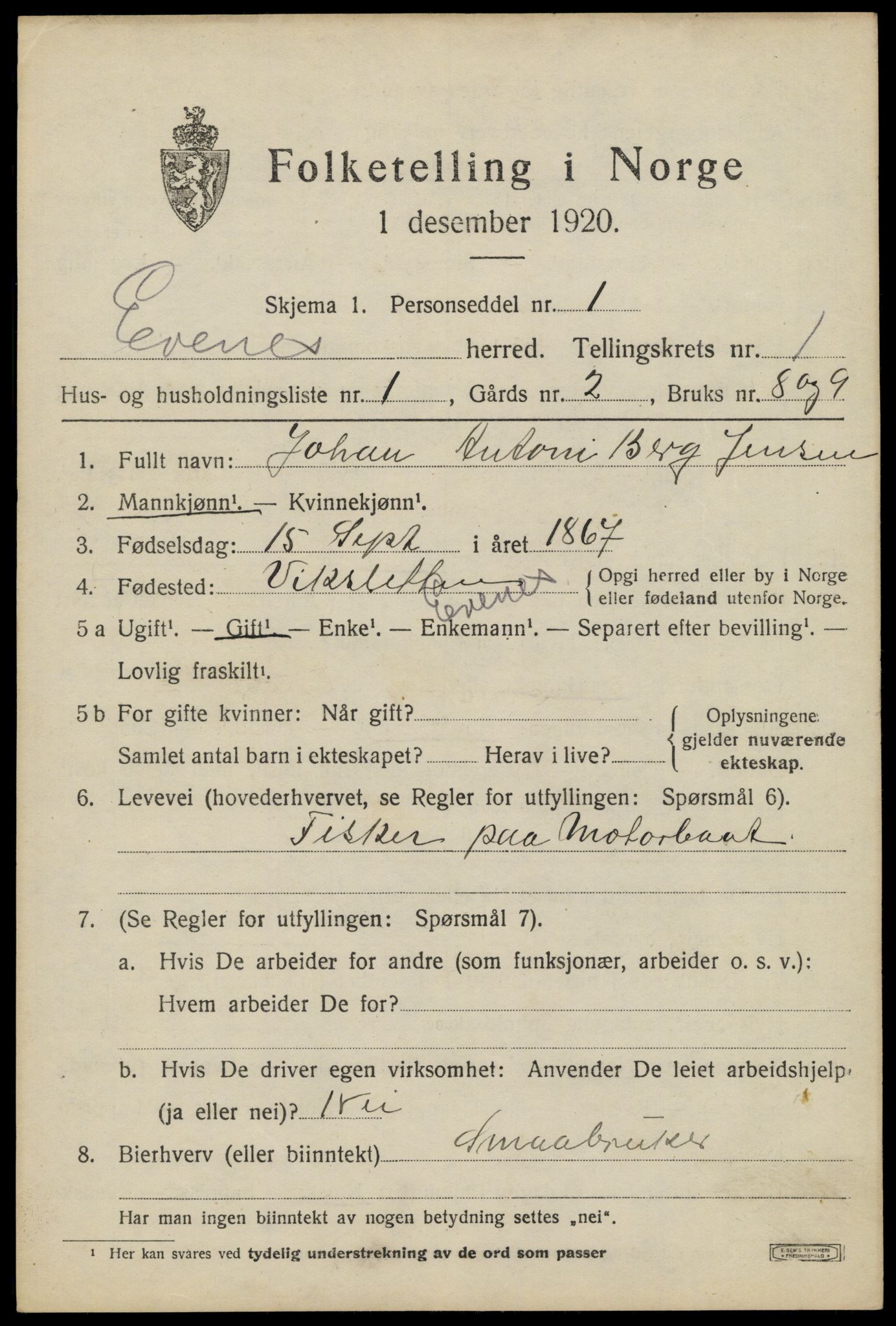 SAT, 1920 census for Evenes, 1920, p. 1736