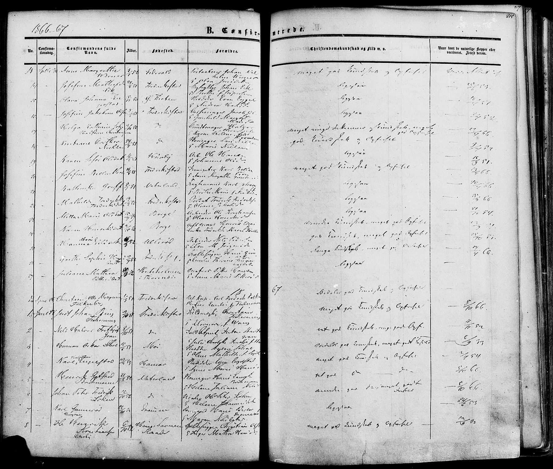 Fredrikstad prestekontor Kirkebøker, SAO/A-11082/F/Fa/L0006: Parish register (official) no. 6, 1857-1878, p. 215
