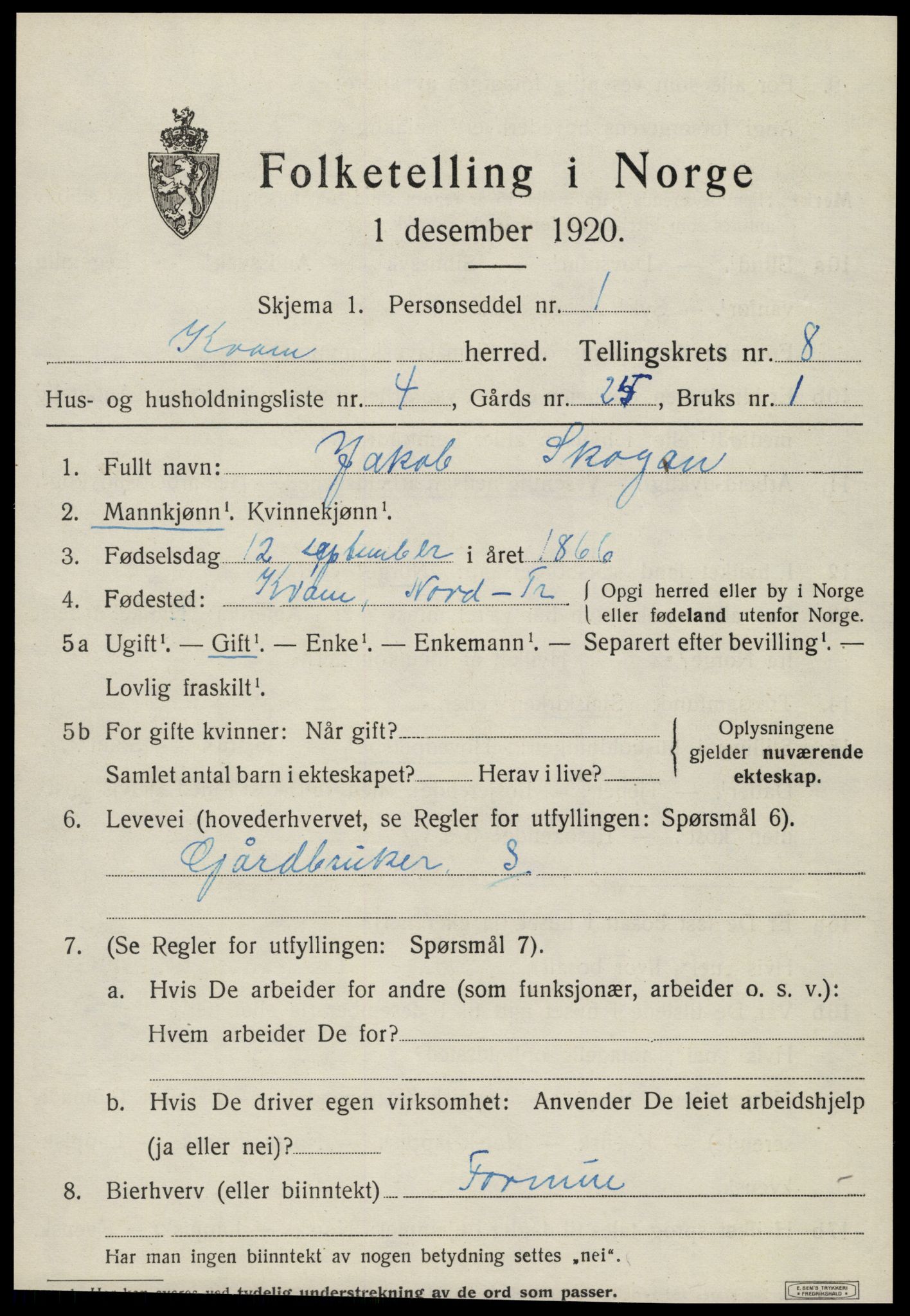 SAT, 1920 census for Kvam, 1920, p. 2023