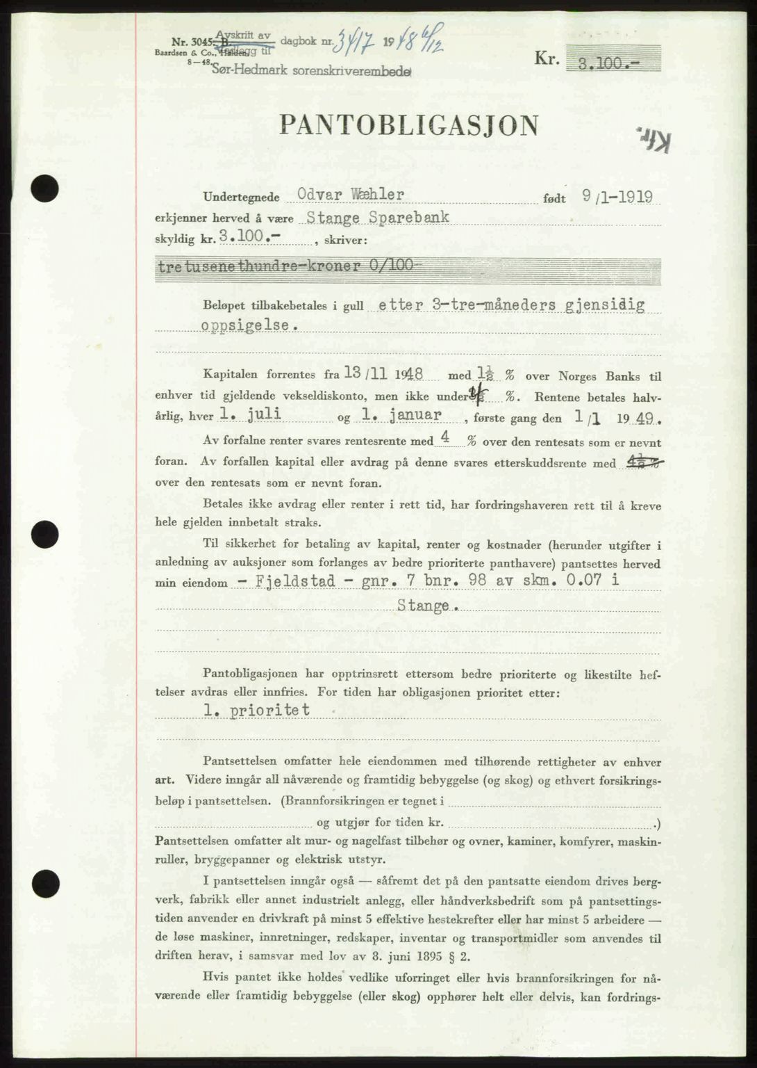 Sør-Hedmark sorenskriveri, SAH/TING-014/H/Hb/Hbd/L0018: Mortgage book no. 18, 1948-1949, Diary no: : 3417/1948