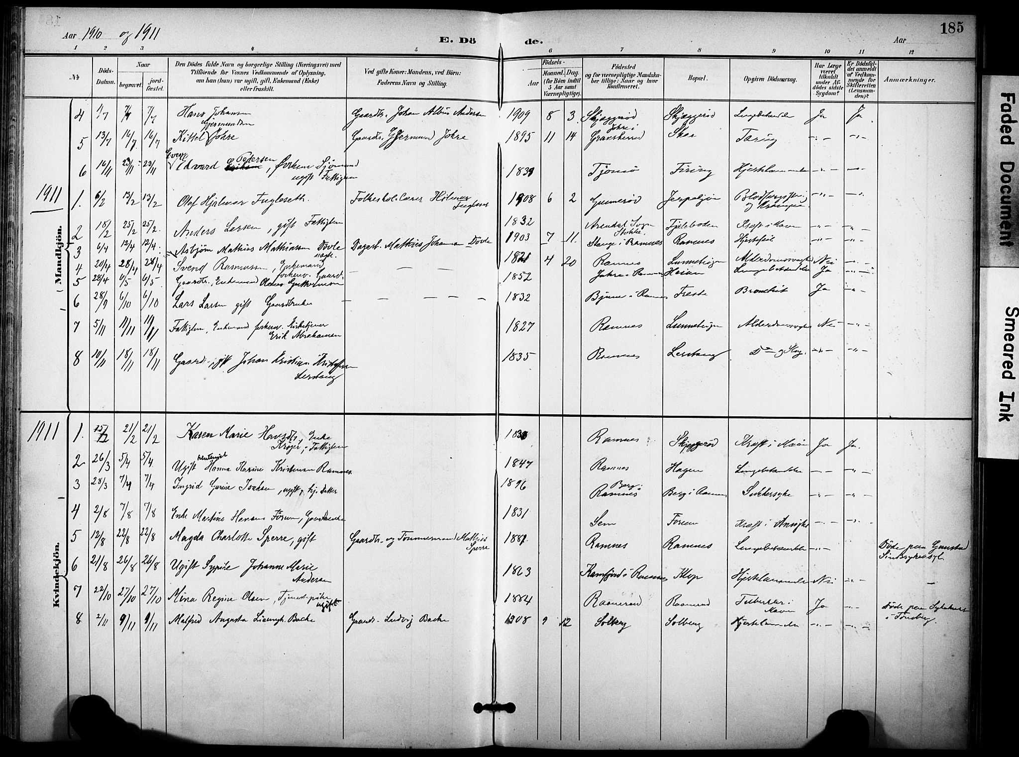 Ramnes kirkebøker, AV/SAKO-A-314/F/Fa/L0008: Parish register (official) no. I 8, 1896-1913, p. 185