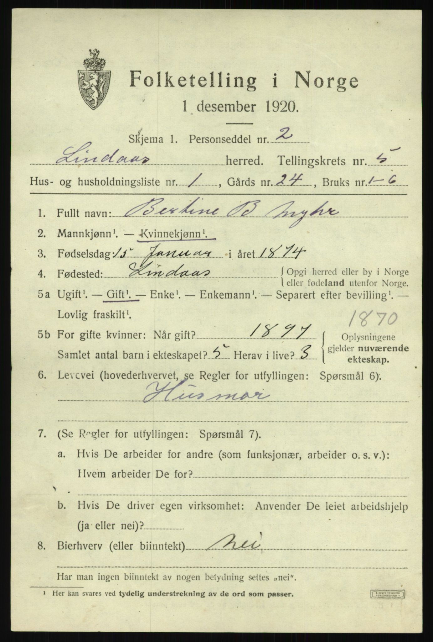 SAB, 1920 census for Lindås, 1920, p. 2833