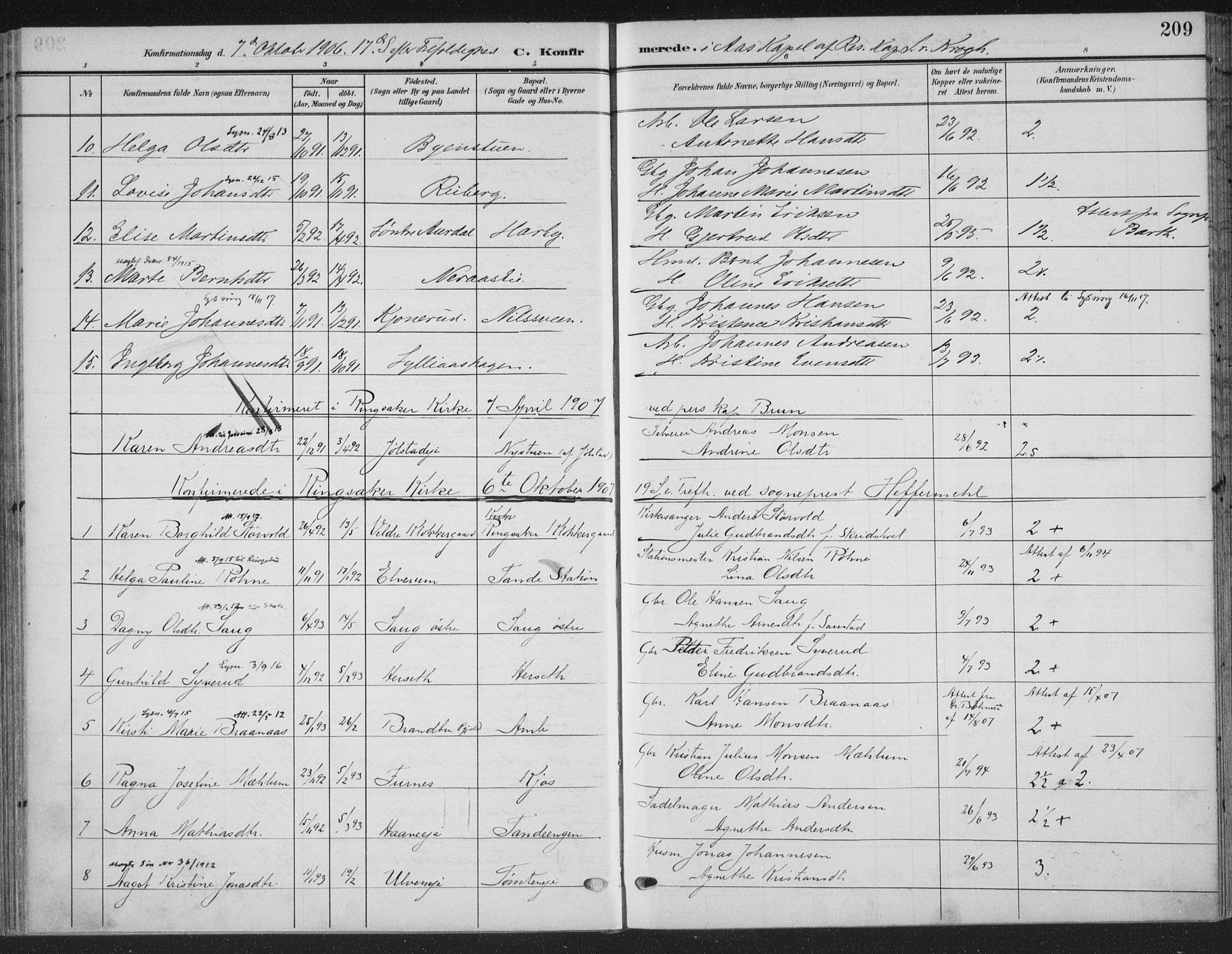 Ringsaker prestekontor, SAH/PREST-014/K/Ka/L0018: Parish register (official) no. 18, 1903-1912, p. 209