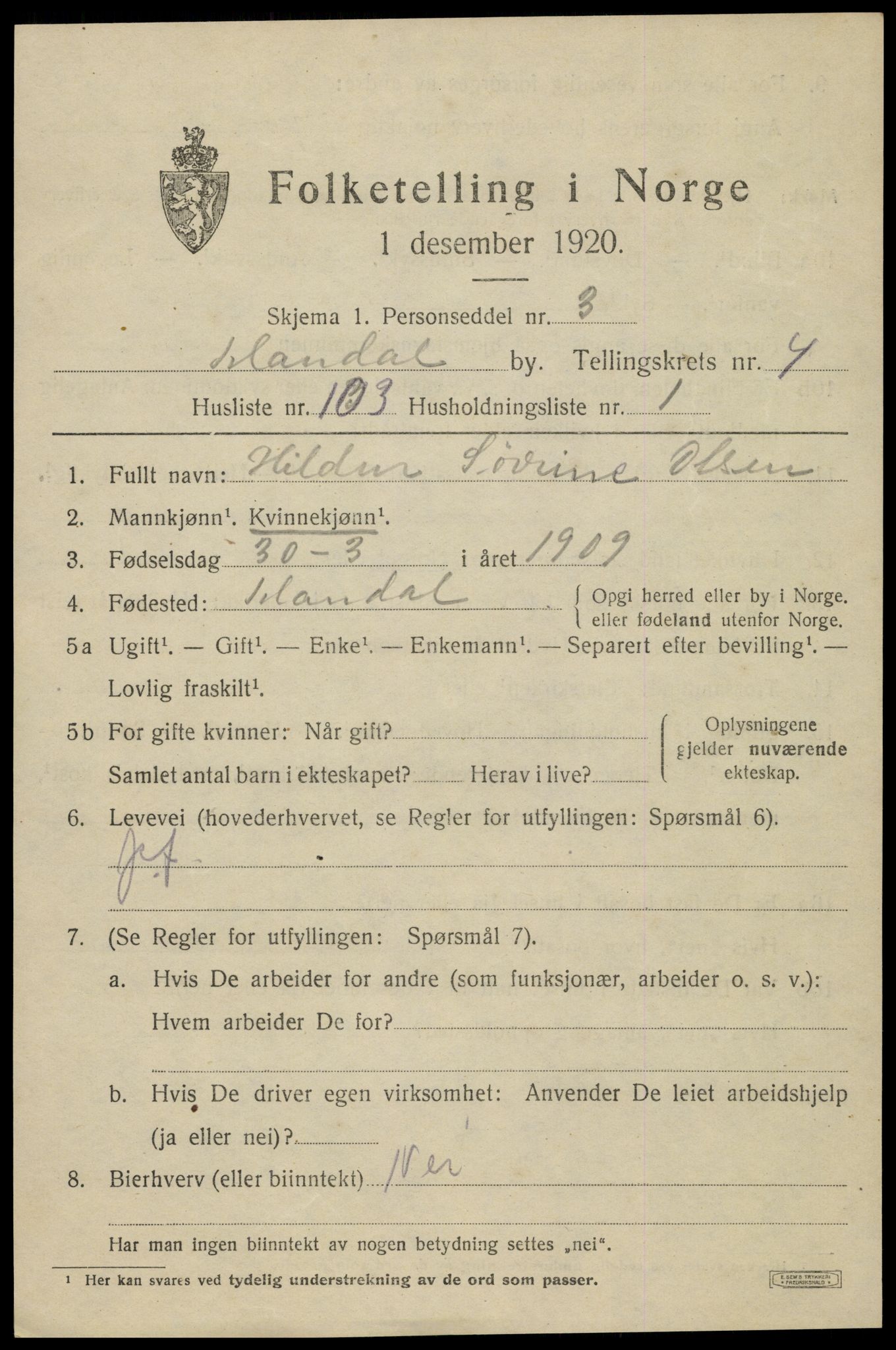SAK, 1920 census for Mandal, 1920, p. 8135