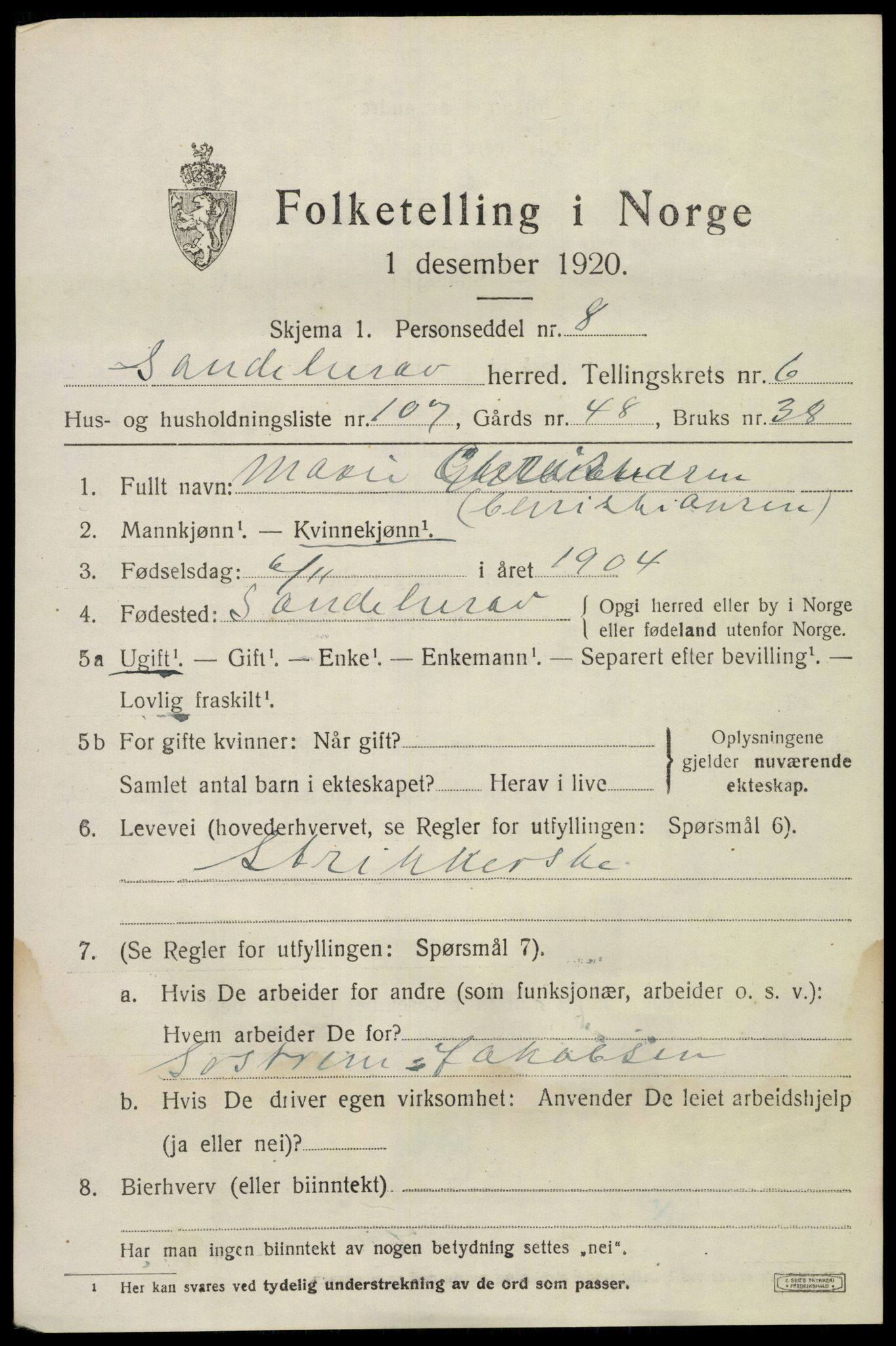 SAKO, 1920 census for Sandeherred, 1920, p. 11046