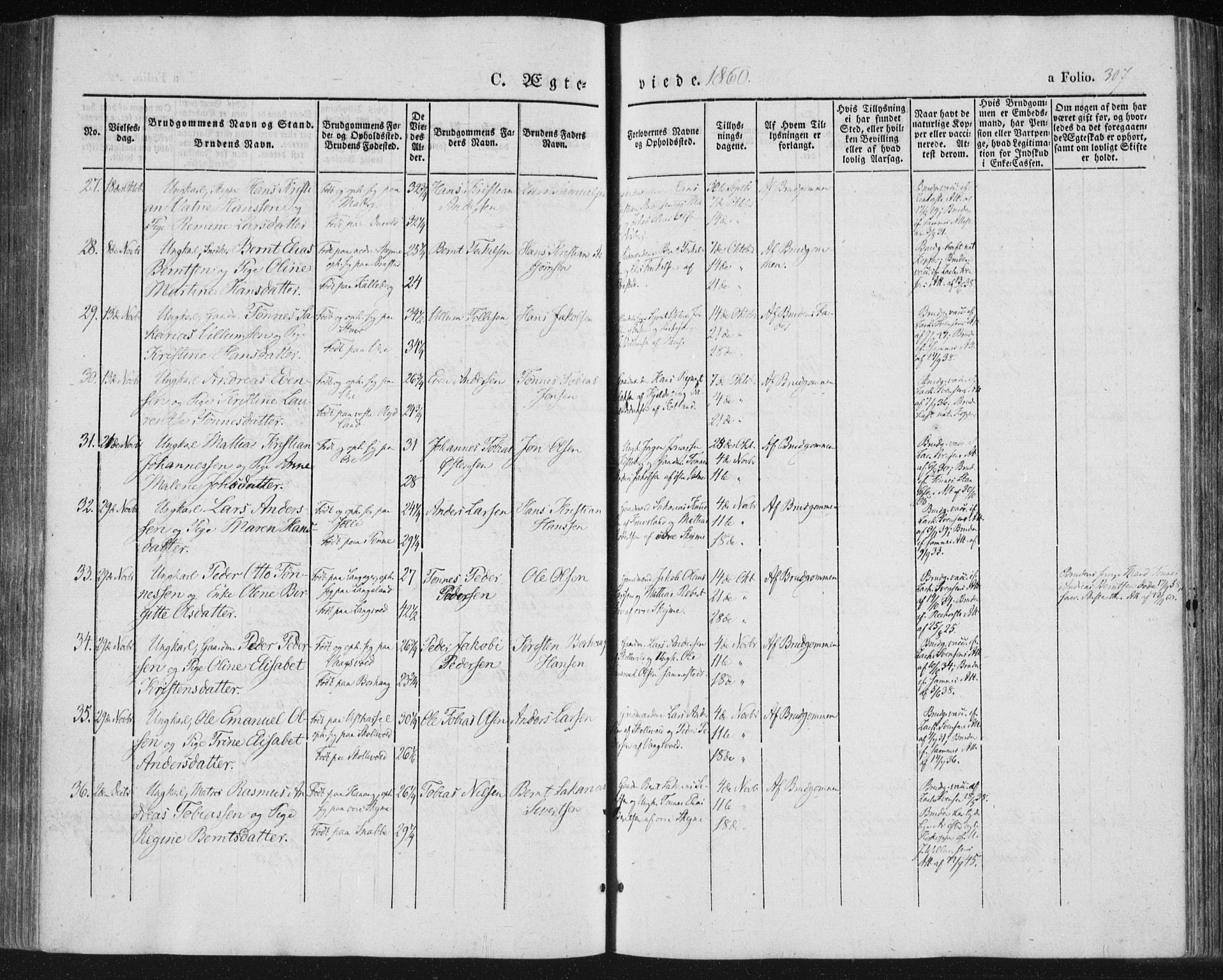 Lista sokneprestkontor, AV/SAK-1111-0027/F/Fa/L0010: Parish register (official) no. A 10, 1846-1861, p. 307