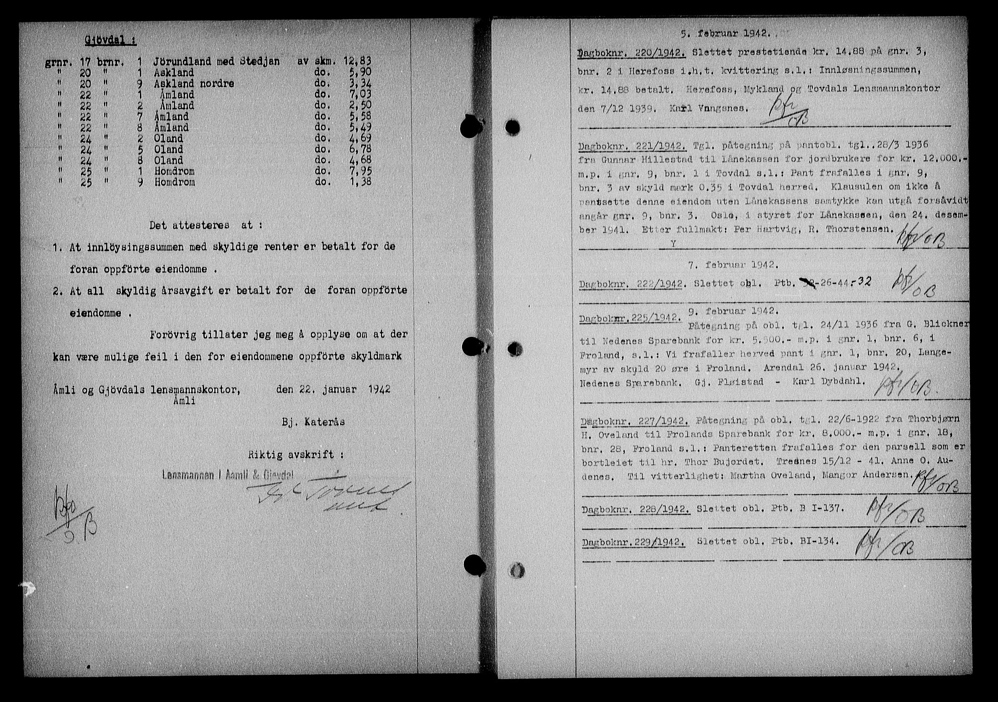 Nedenes sorenskriveri, SAK/1221-0006/G/Gb/Gba/L0049: Mortgage book no. A-III, 1941-1942, Diary no: : 220/1942