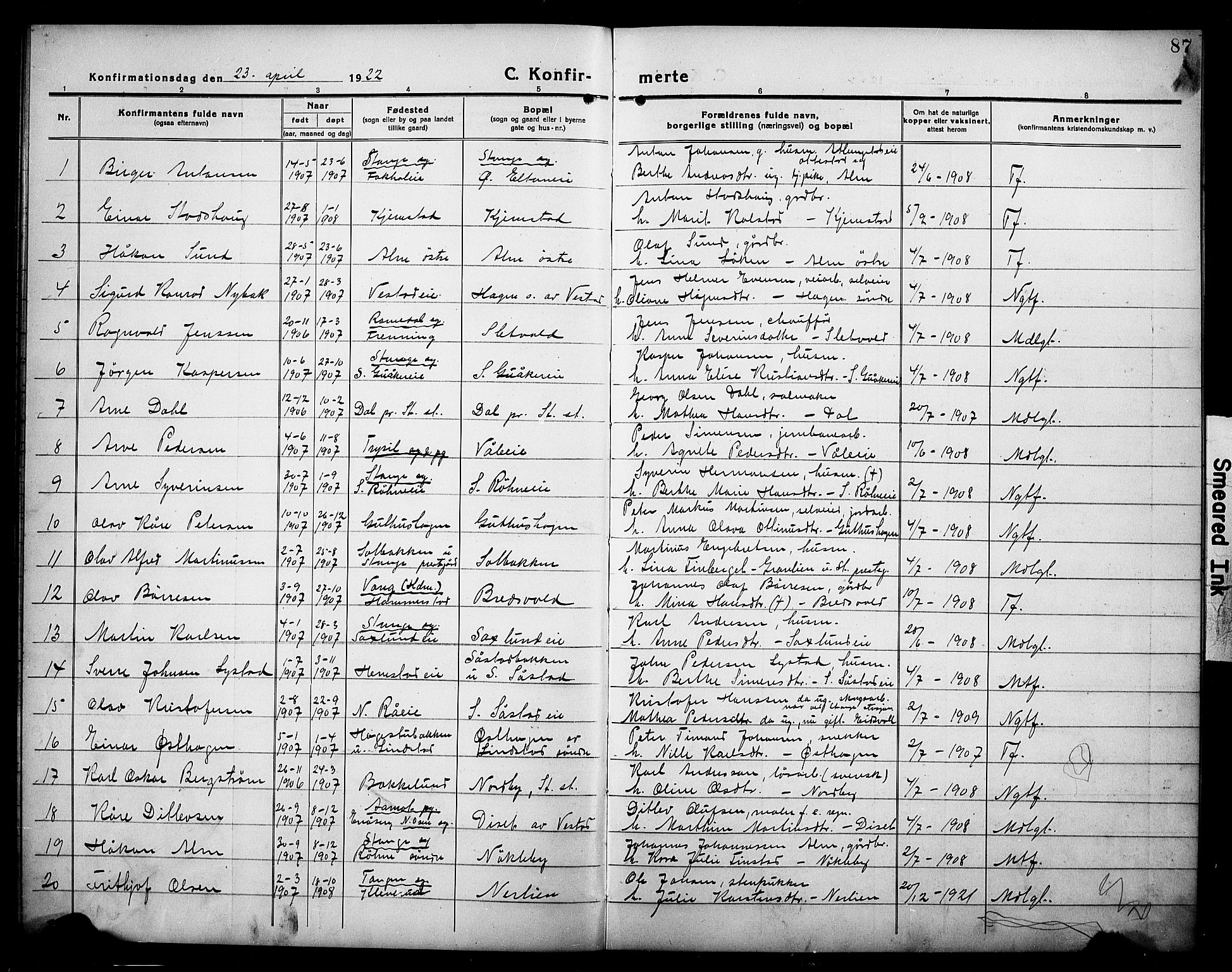 Stange prestekontor, AV/SAH-PREST-002/L/L0016: Parish register (copy) no. 16, 1918-1928, p. 87